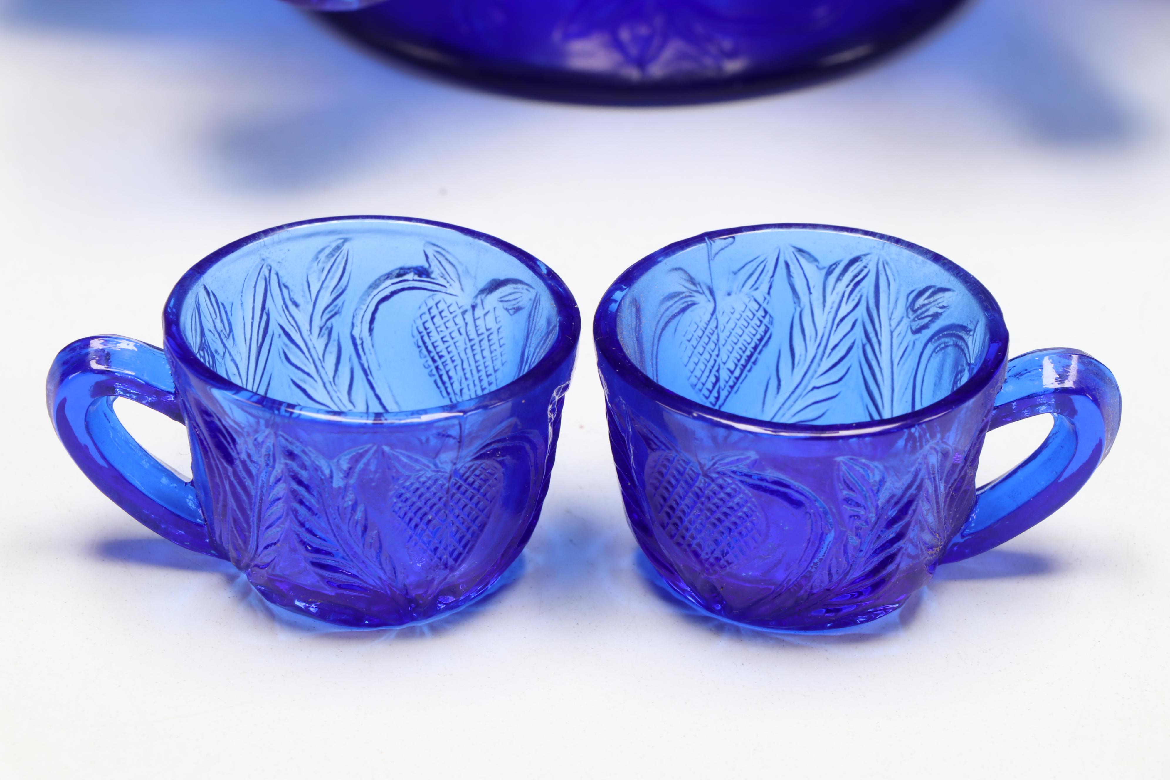 Cobalt Blue Glass Vases, Footed Bowl, and Punch Bowl and Cups