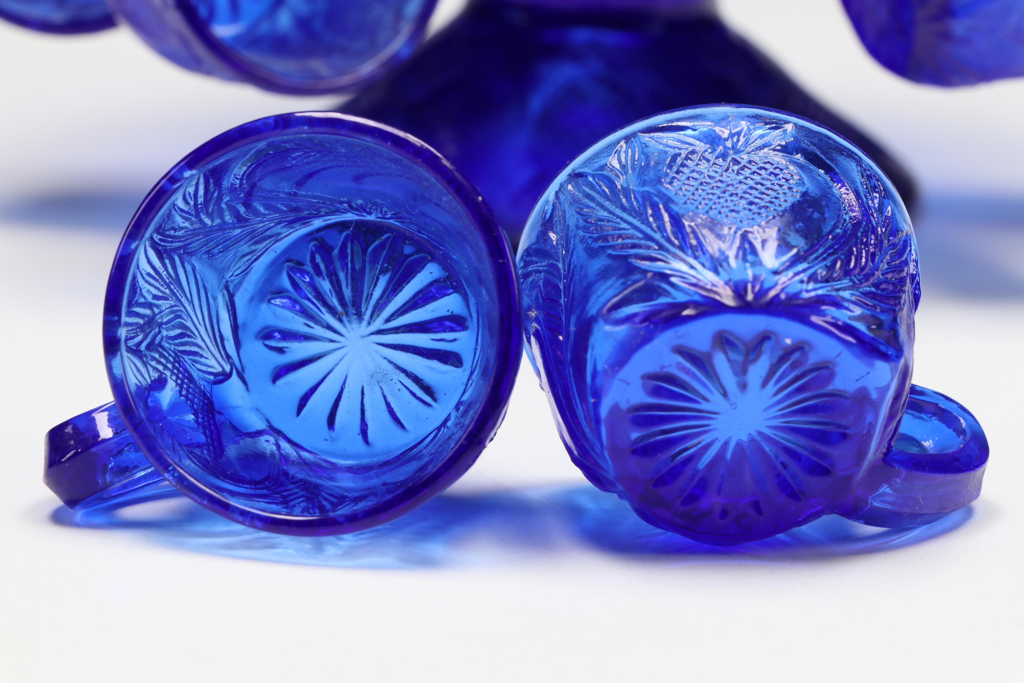 Cobalt Blue Glass Vases, Footed Bowl, and Punch Bowl and Cups