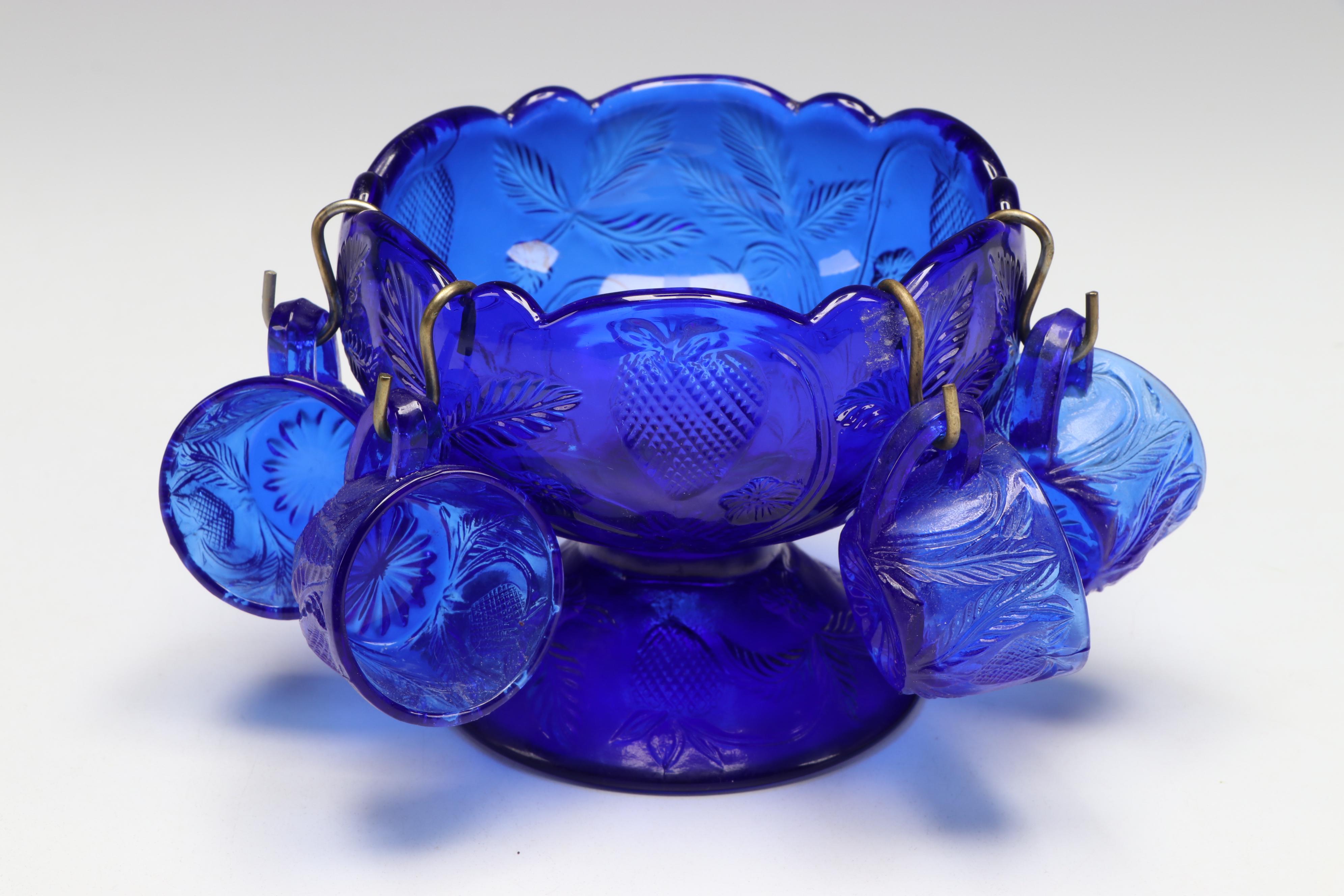 Cobalt Blue Glass Vases, Footed Bowl, and Punch Bowl and Cups