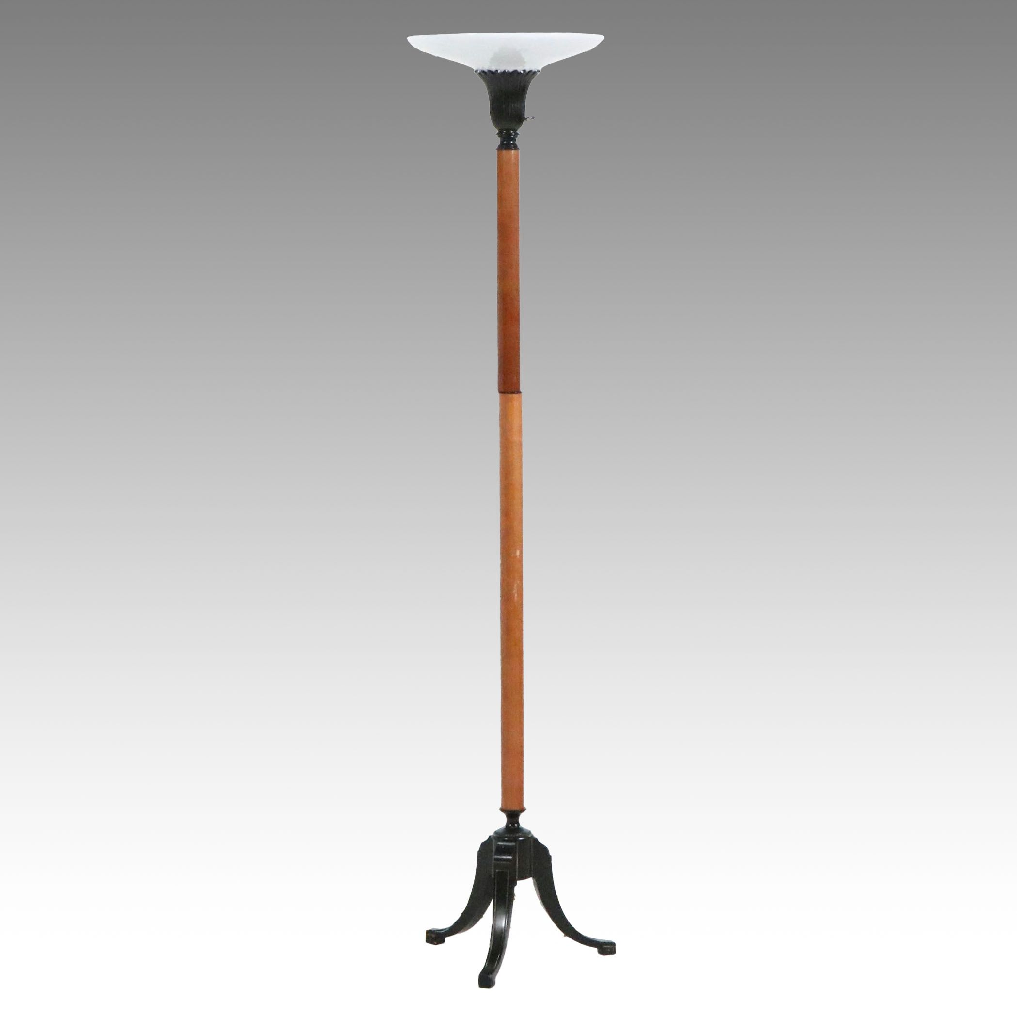 Contemporary Wood and Satin Glass Torchiere Floor Lamp