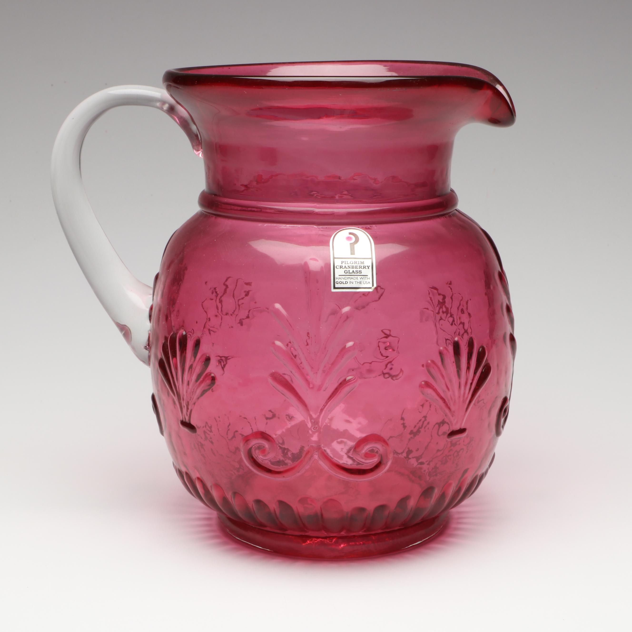 Pilgrim Cranberry Glass Pitcher and Tumblers, Mid to Late 20th Century