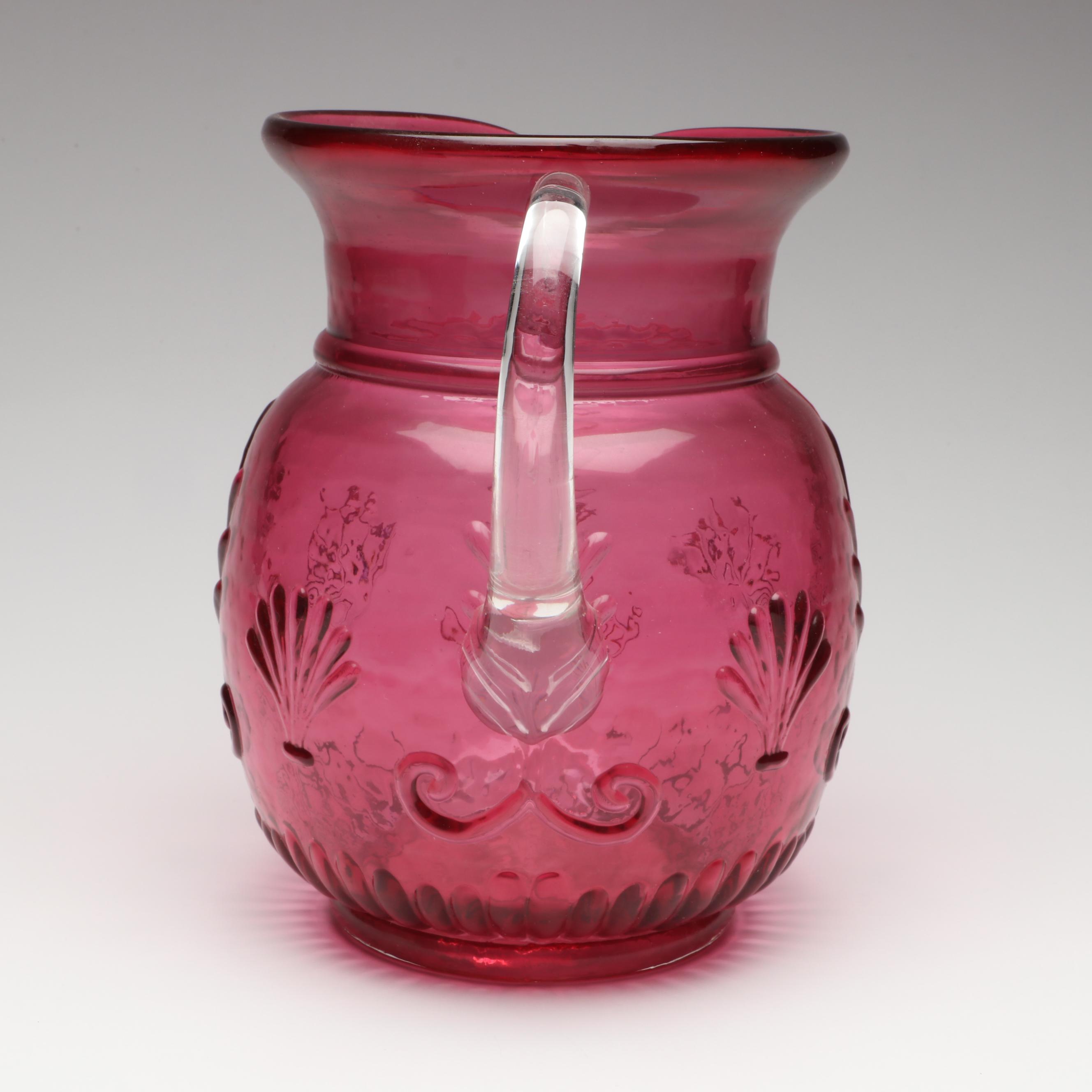 Pilgrim Cranberry Glass Pitcher and Tumblers, Mid to Late 20th Century