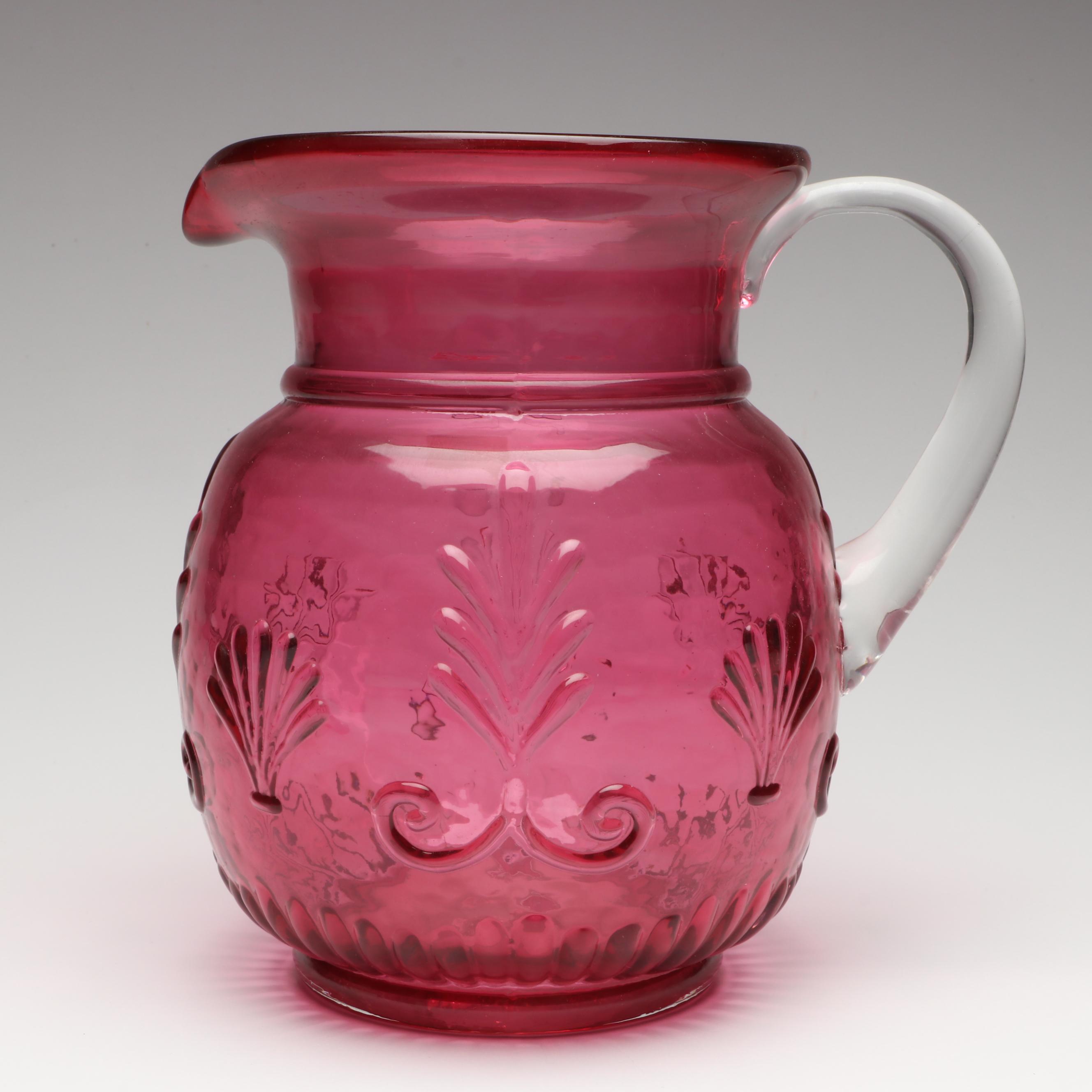 Pilgrim Cranberry Glass Pitcher and Tumblers, Mid to Late 20th Century