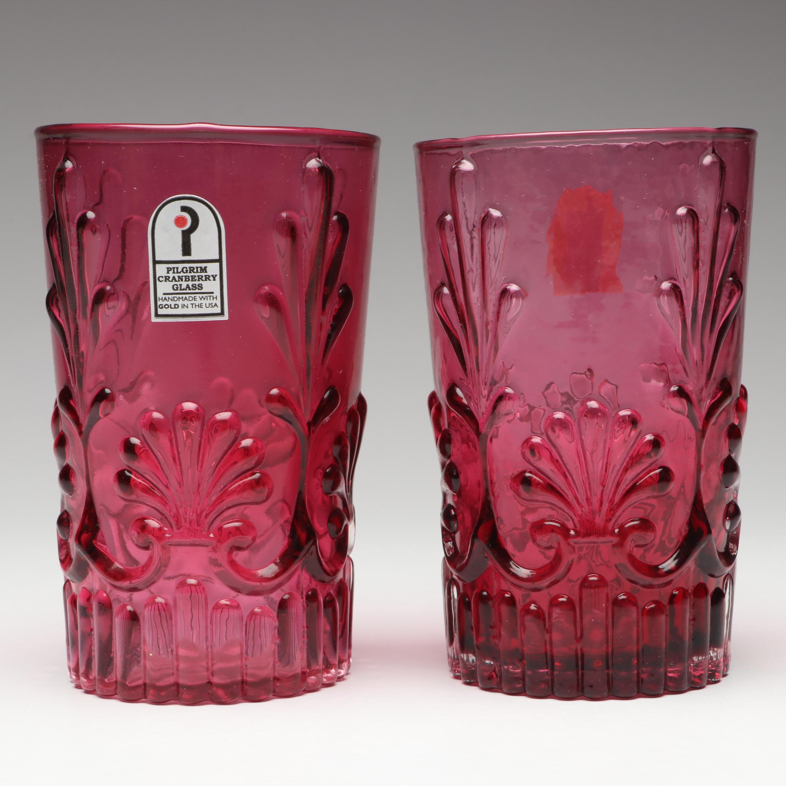 Pilgrim Cranberry Glass Pitcher and Tumblers, Mid to Late 20th Century