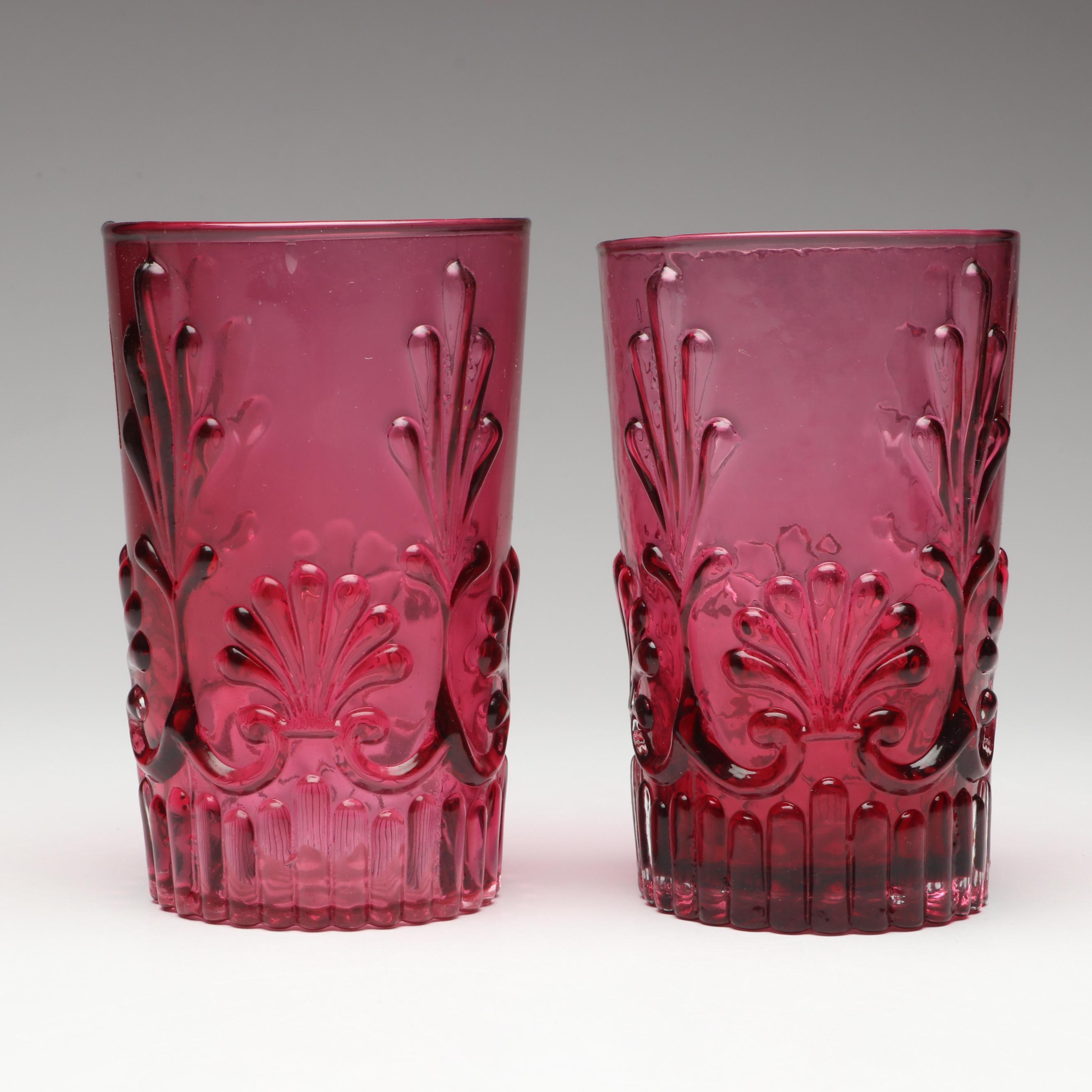 Pilgrim Cranberry Glass Pitcher and Tumblers, Mid to Late 20th Century