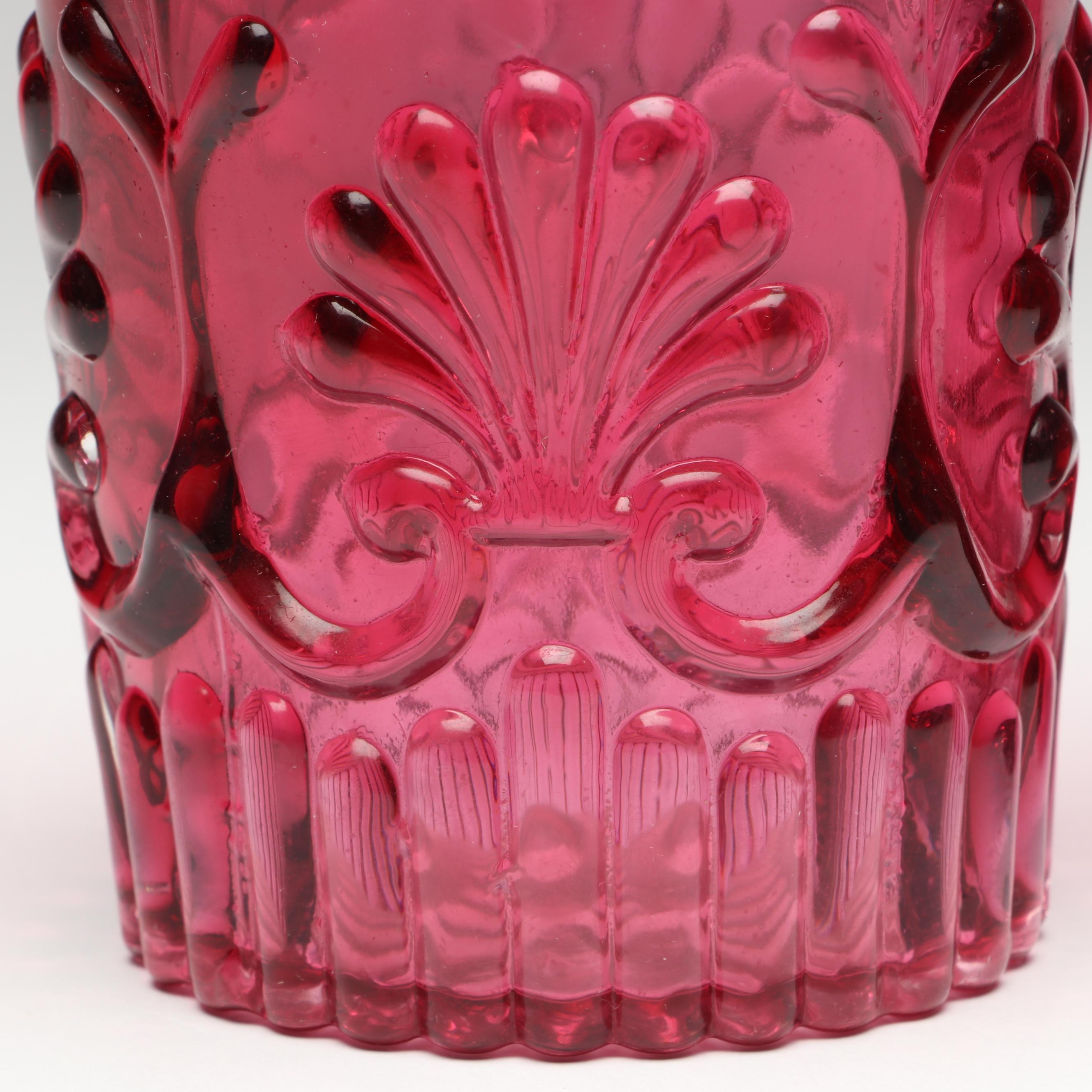 Pilgrim Cranberry Glass Pitcher and Tumblers, Mid to Late 20th Century