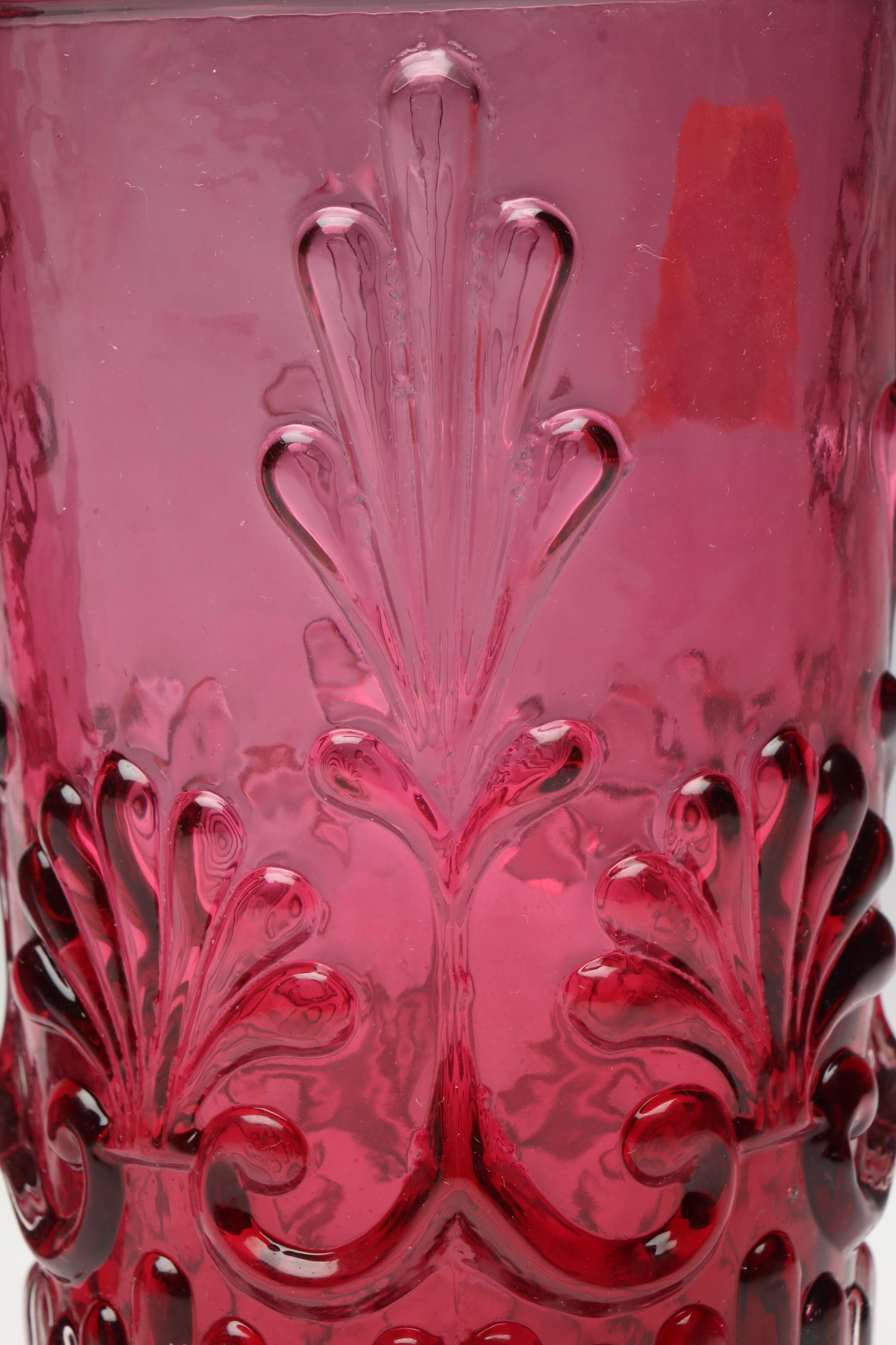 Pilgrim Cranberry Glass Pitcher and Tumblers, Mid to Late 20th Century