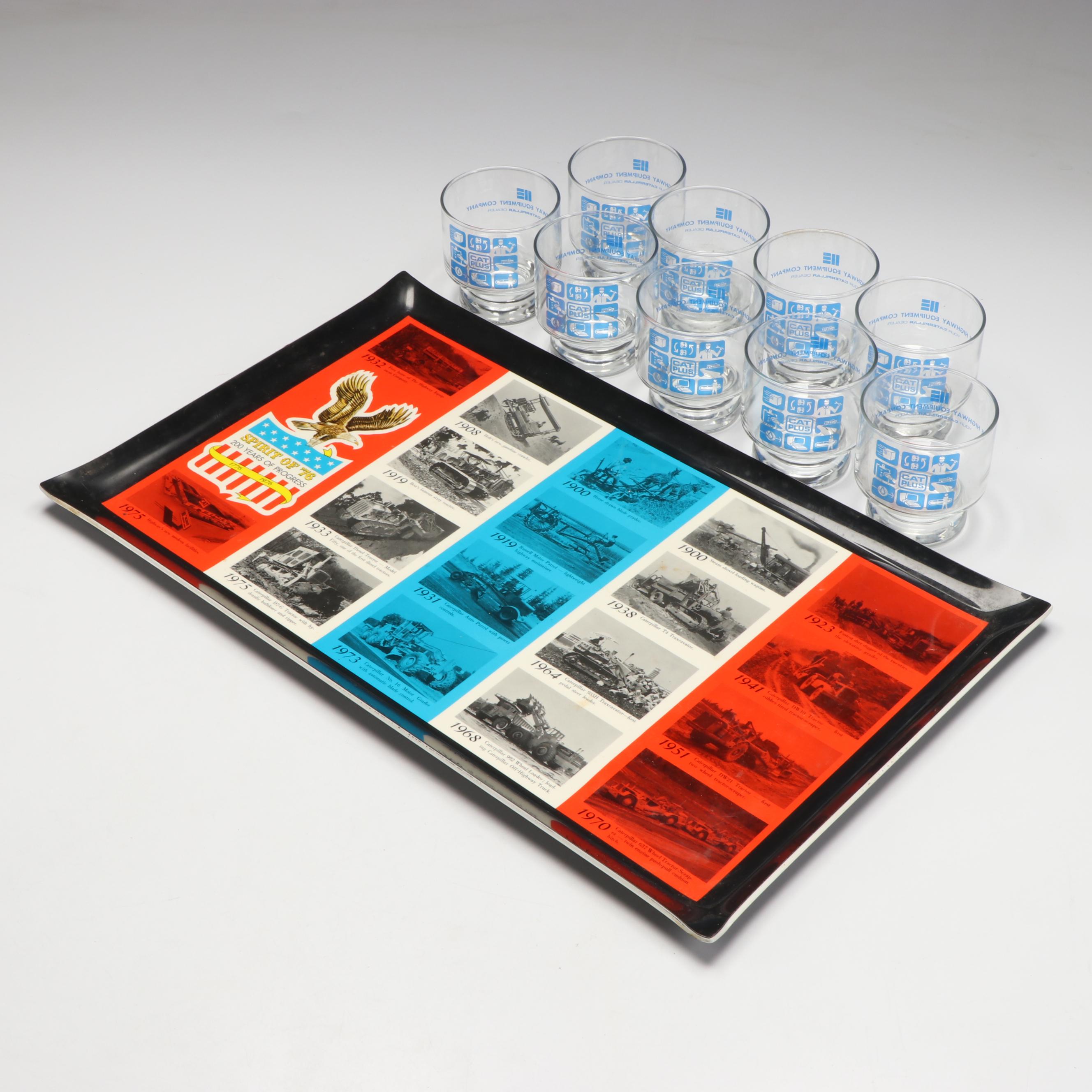 Caterpillar Equipment "Spirit of '76" Tray with Company Glass Tumblers