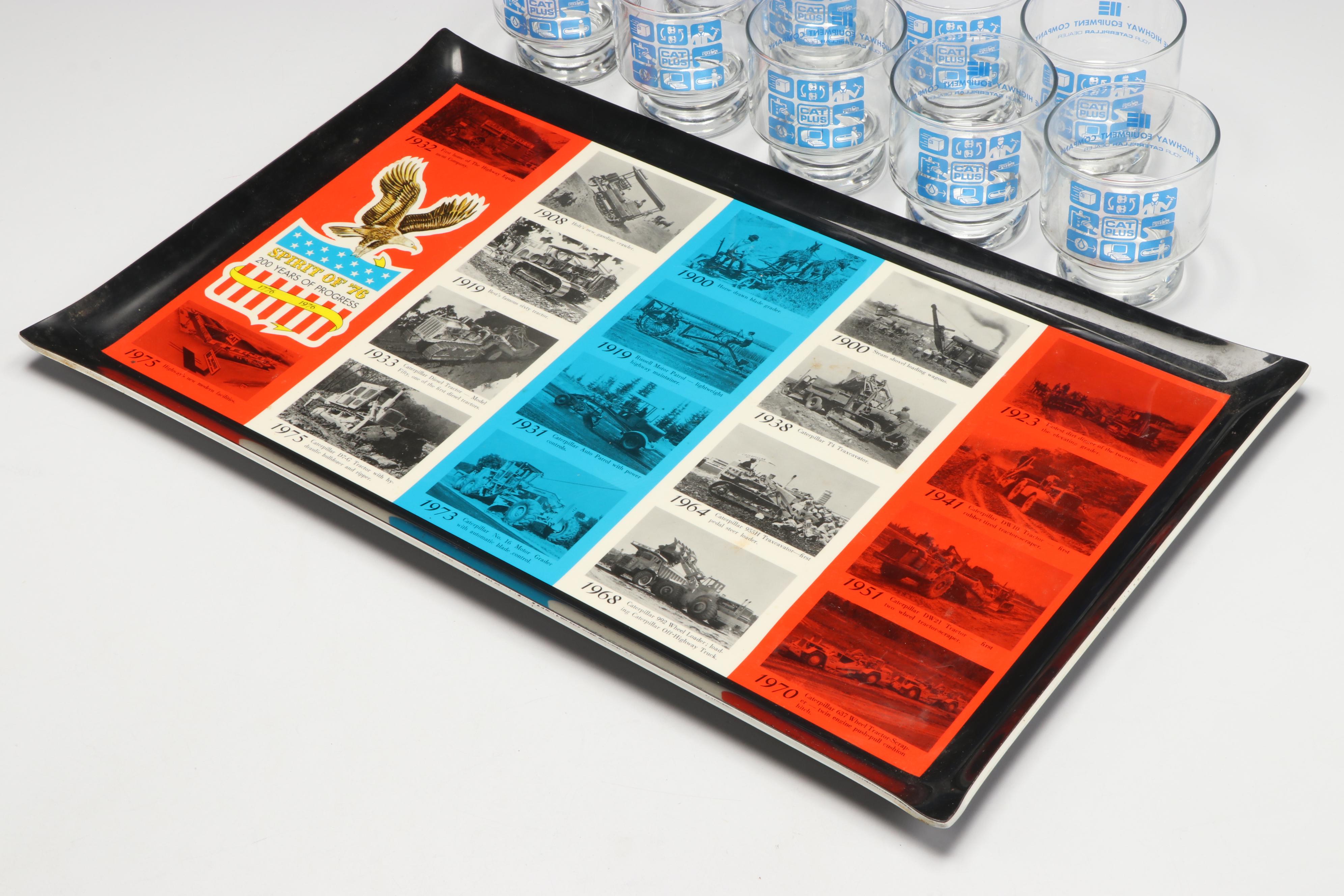 Caterpillar Equipment "Spirit of '76" Tray with Company Glass Tumblers