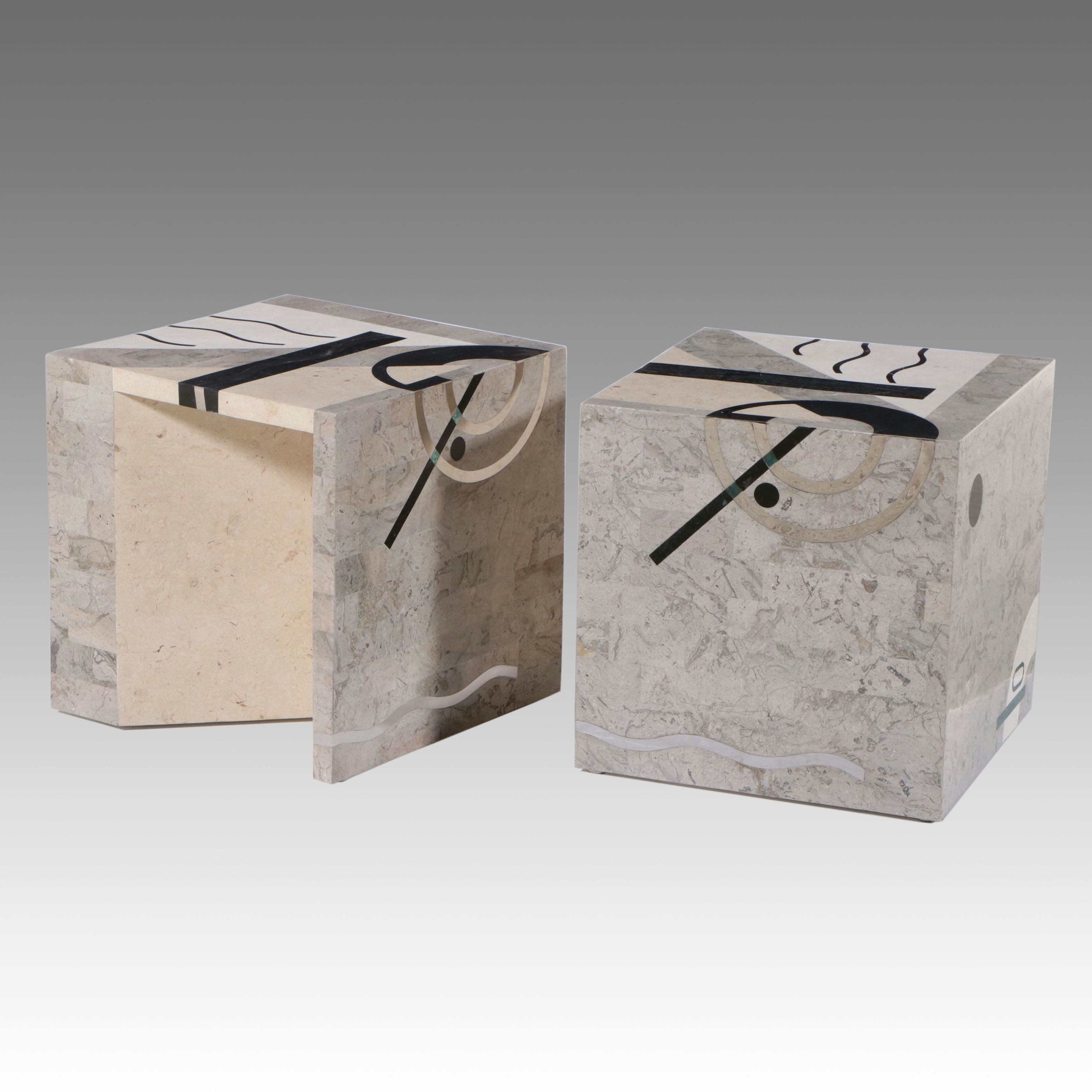 Pair of Oggetti Italian Modernist Tessellated Stone End Tables, Late 20th C.