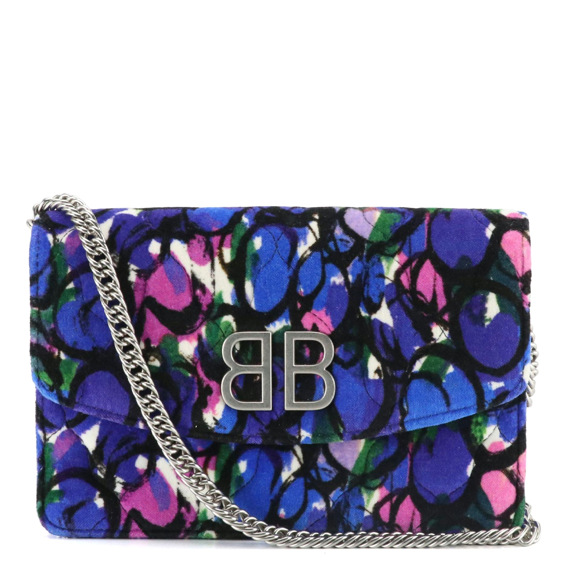 Balenciaga Quilted Multicolor Print Velvet BB Wallet-on-Chain Bag