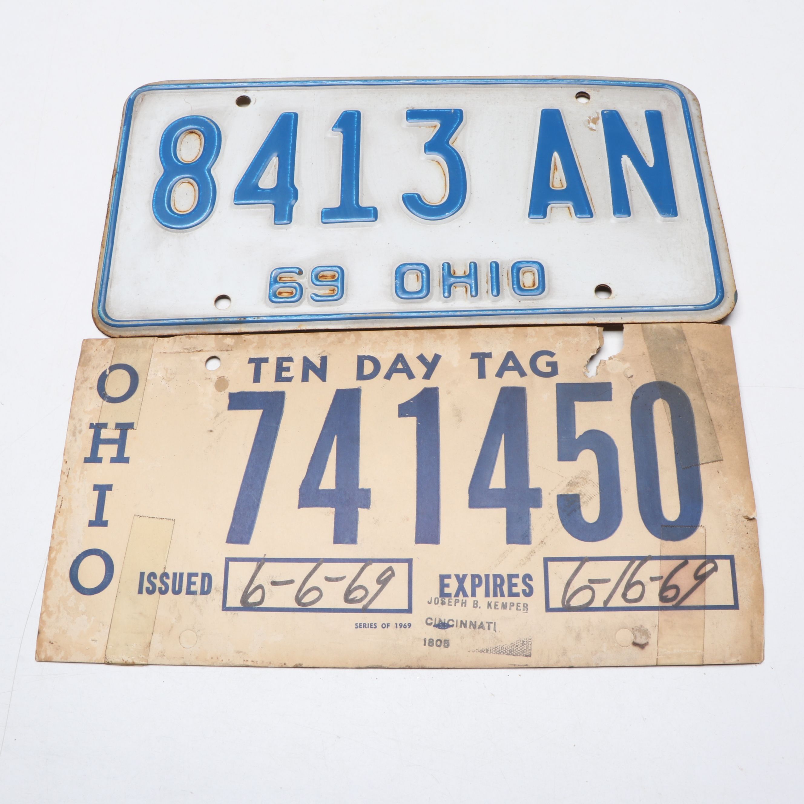 1969 Ohio Blue and White License Plates and Tag