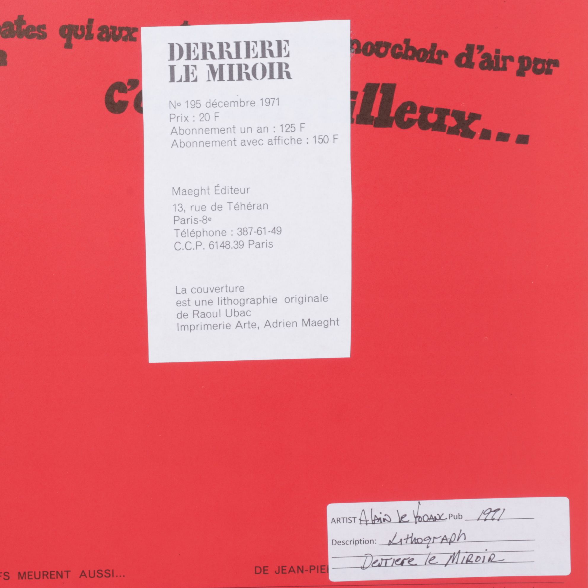 Alain Le Yaouanc Lithograph for "Derriére le Miroir," 1971