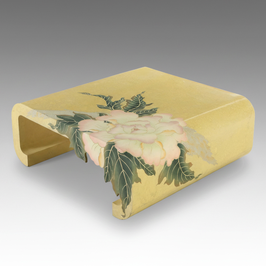 Chinese Yellow Lacquered Coffee Table with Peony Detailing