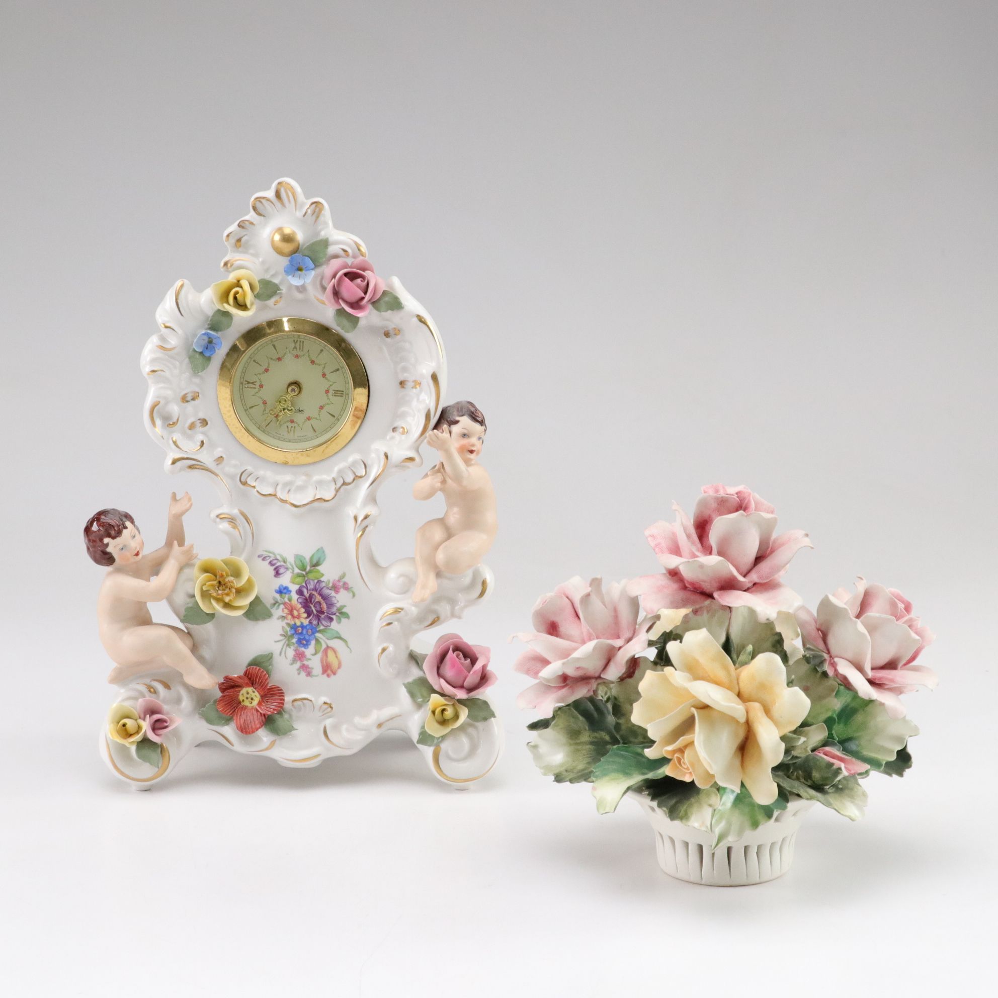Dresden Porcelain Cherub Mantel Clock with Capodimonte Flower Basket