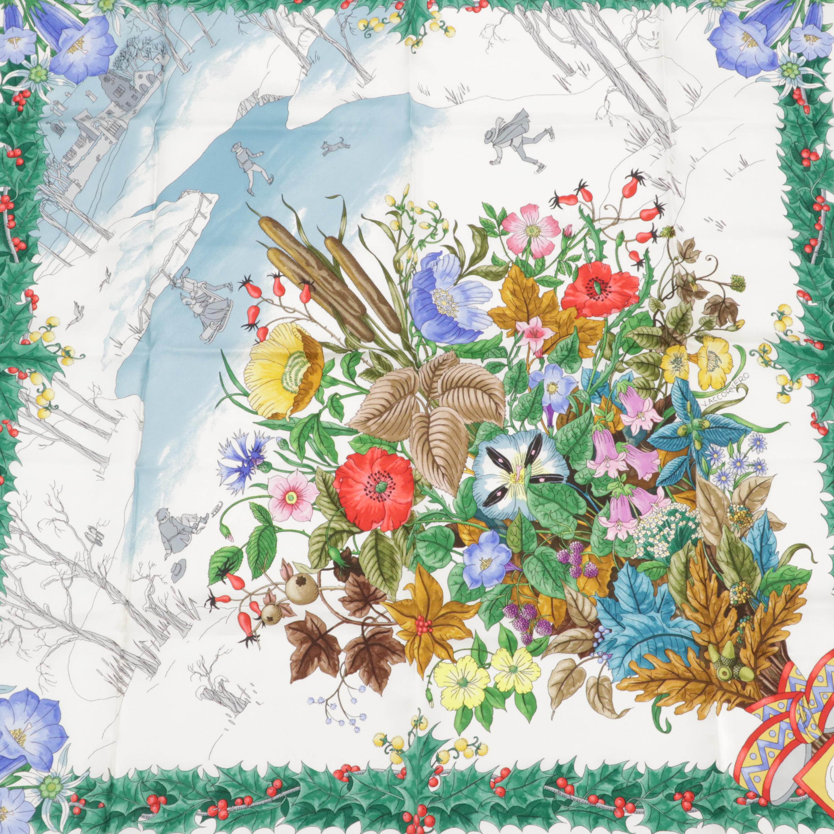 Gucci Flora, Holly, and Winter Theme Print Silk Twill Scarf