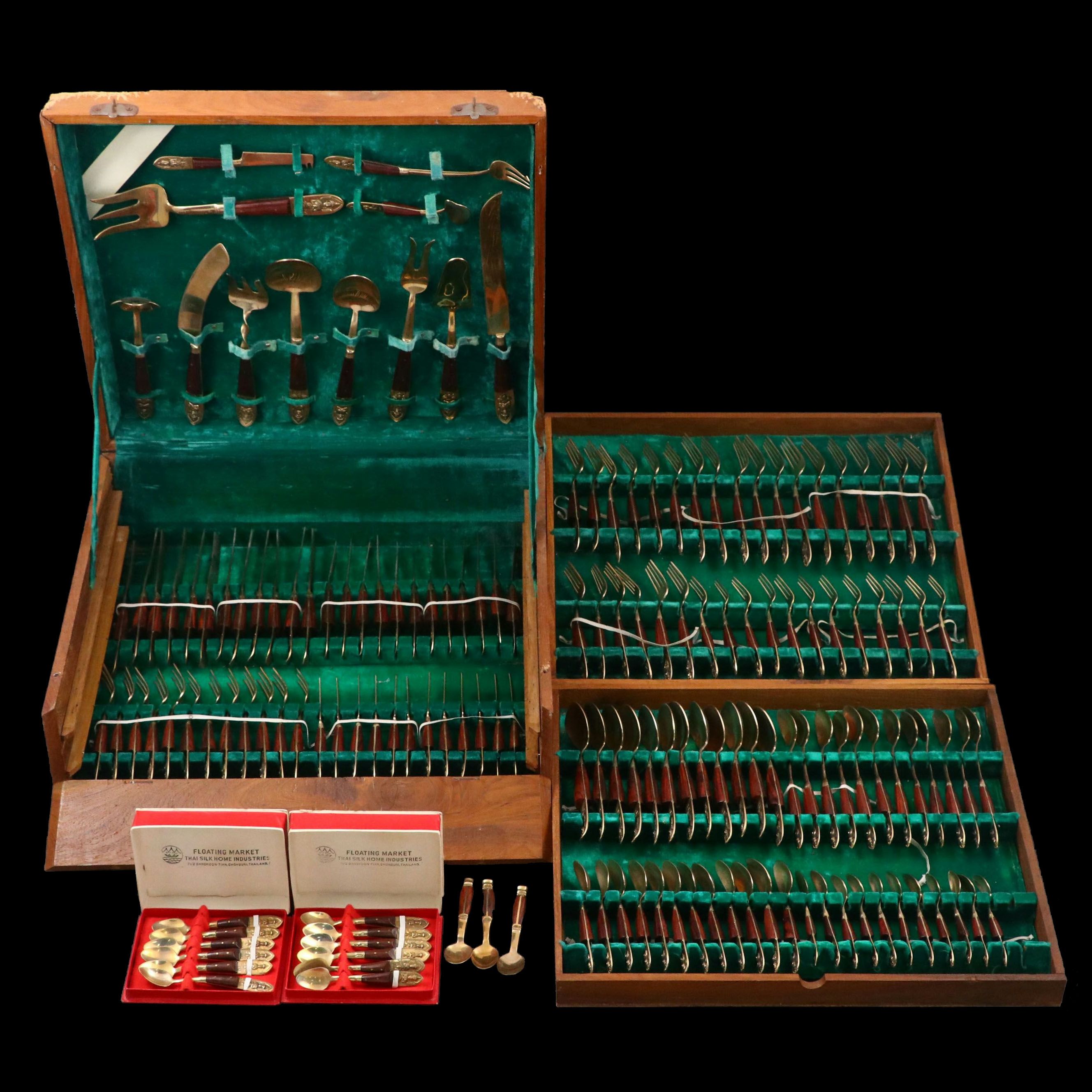 Floating Market Thai Wood and Bronzed Finish Flatware with Wooden Case