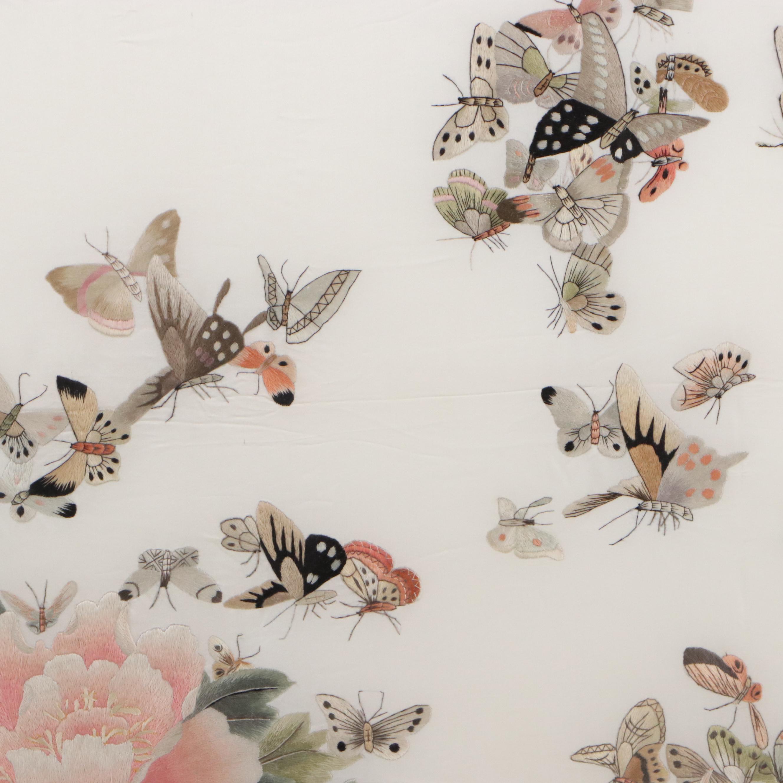 Chinese School Silk Embroidery Panel of Butterflies and Peonies