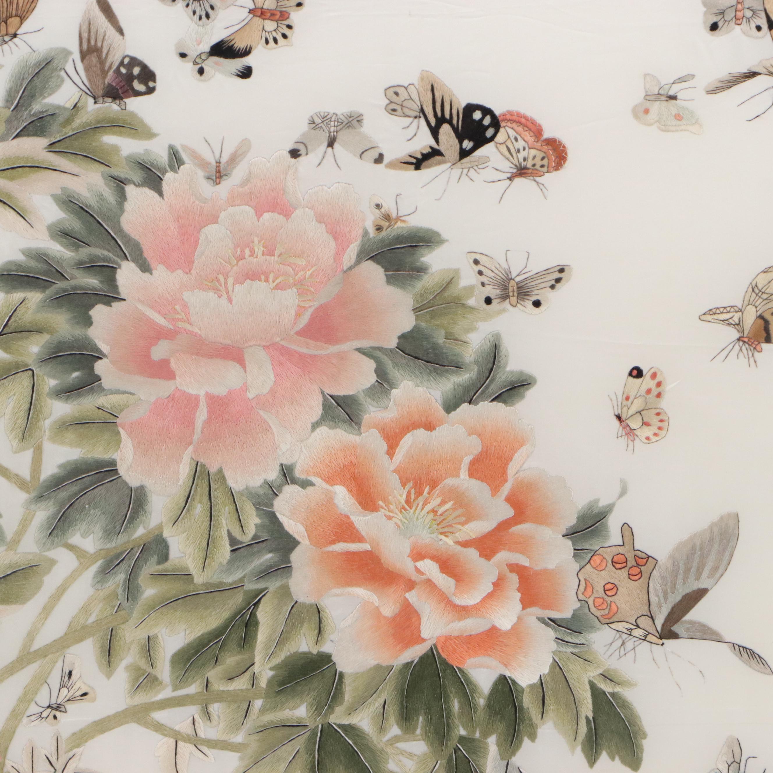 Chinese School Silk Embroidery Panel of Butterflies and Peonies