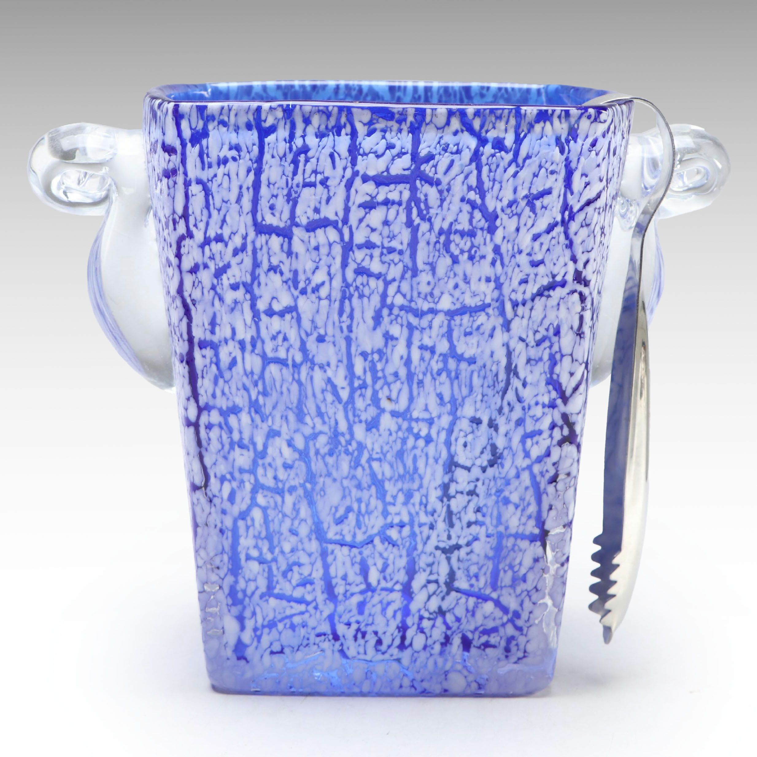Contemporary Cobalt and White Crackle Glass Ice Bucket with Tongs