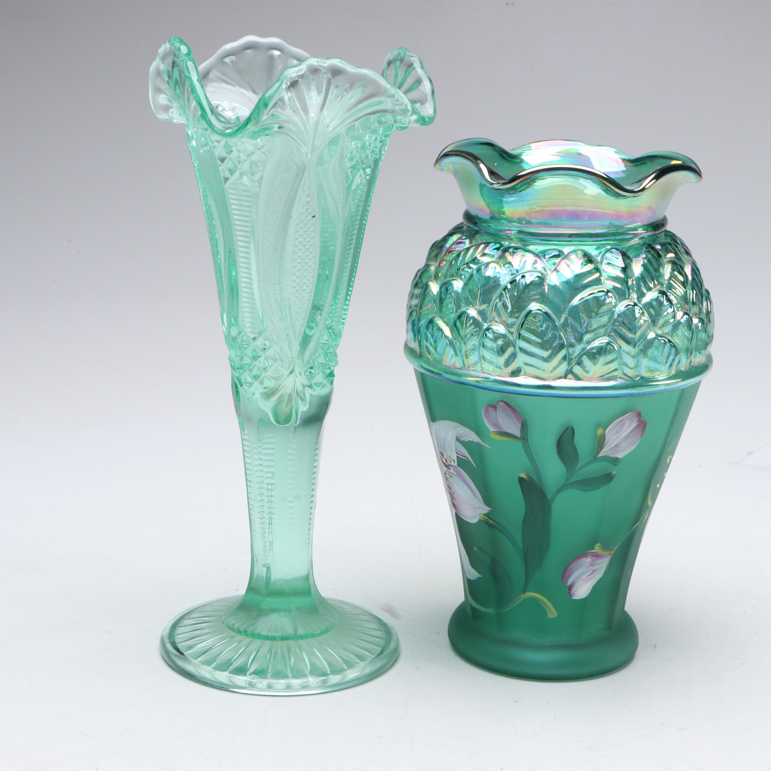 Fenton Hand-Painted Carnival Glass with Other Ruffle Edge Vases and Candlesticks