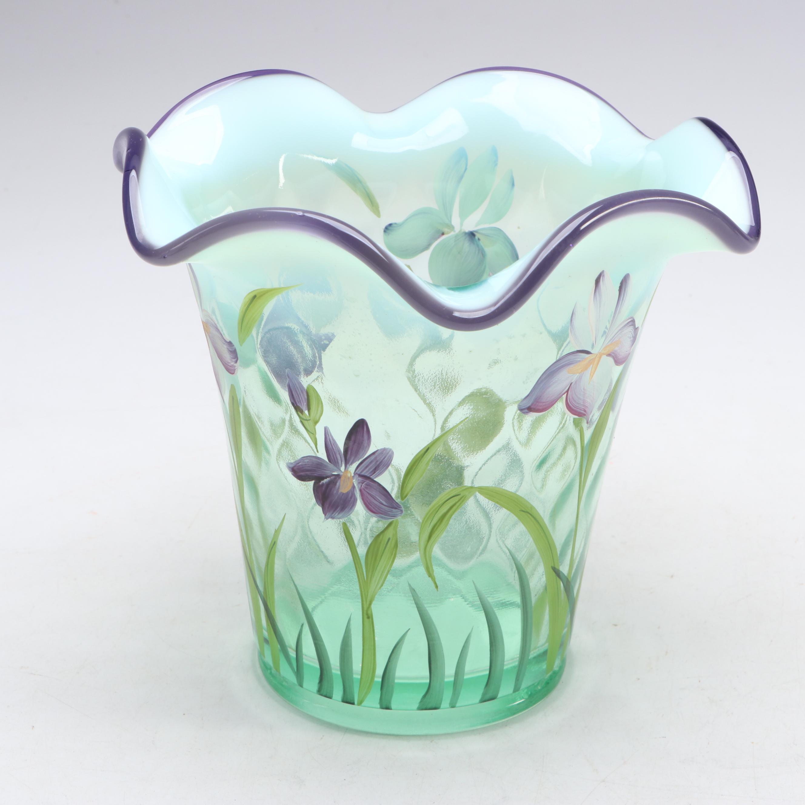 Fenton Hand-Painted Carnival Glass with Other Ruffle Edge Vases and Candlesticks