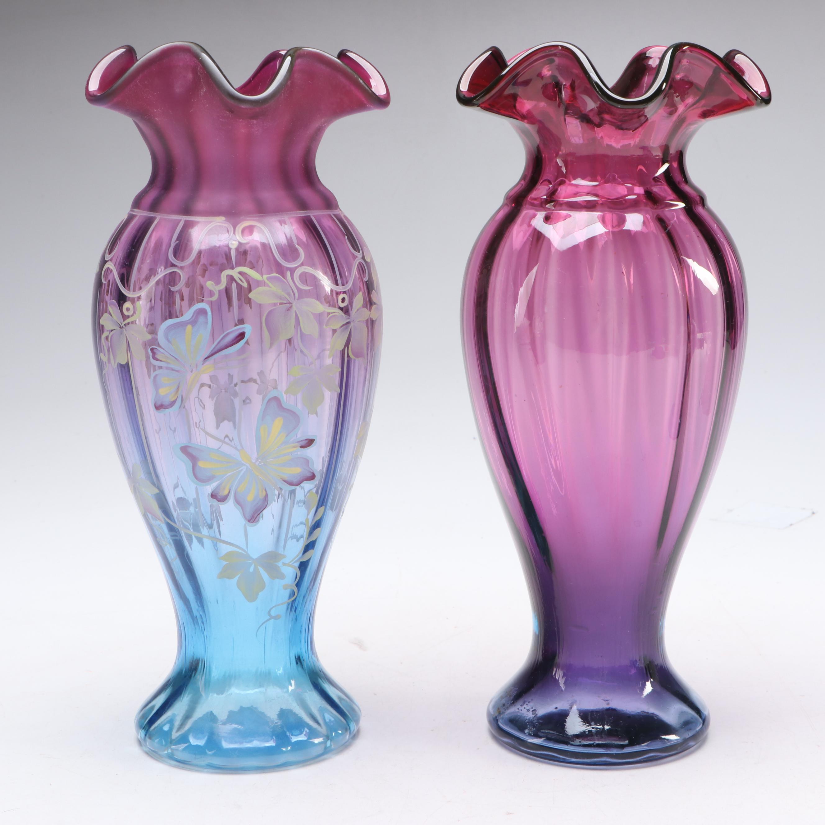 Fenton Hand-Painted and Other "Mulberry" Ruffle Edge Glass Vases