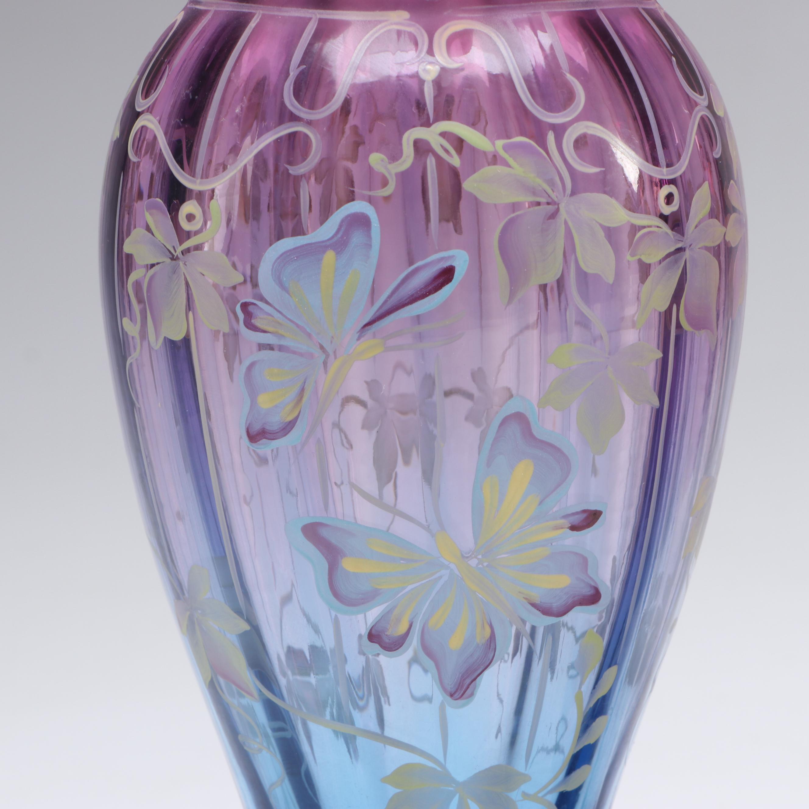 Fenton Hand-Painted and Other "Mulberry" Ruffle Edge Glass Vases