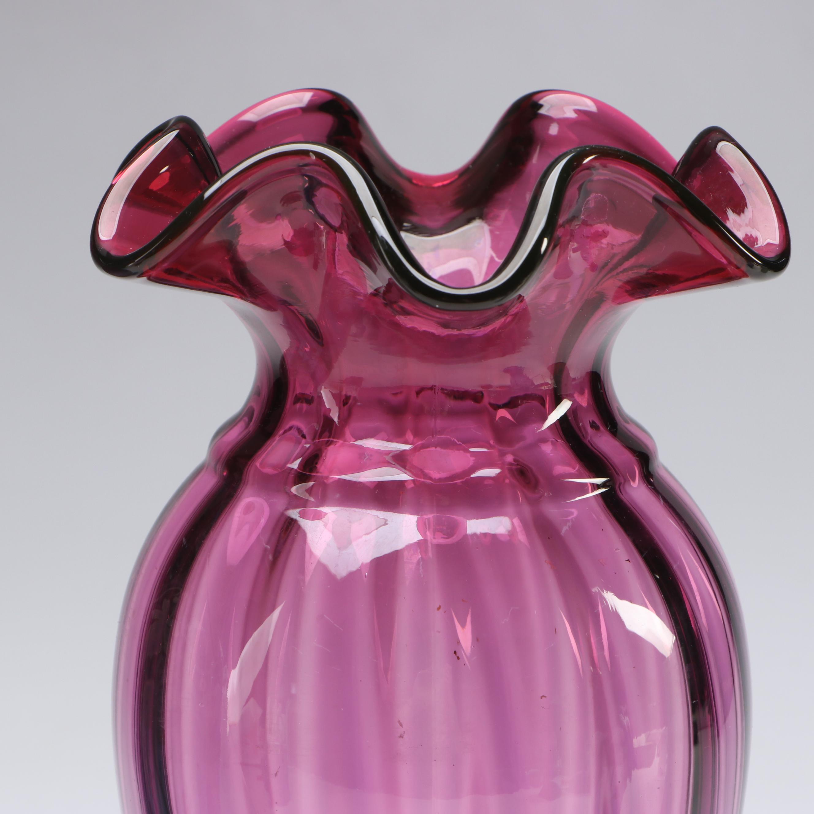 Fenton Hand-Painted and Other "Mulberry" Ruffle Edge Glass Vases