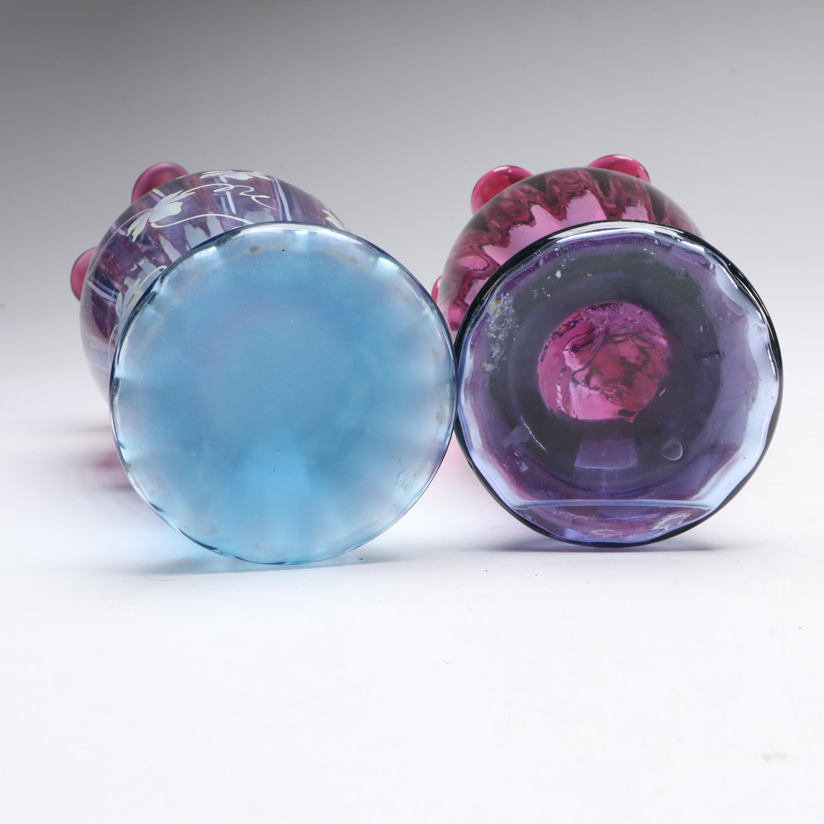 Fenton Hand-Painted and Other "Mulberry" Ruffle Edge Glass Vases