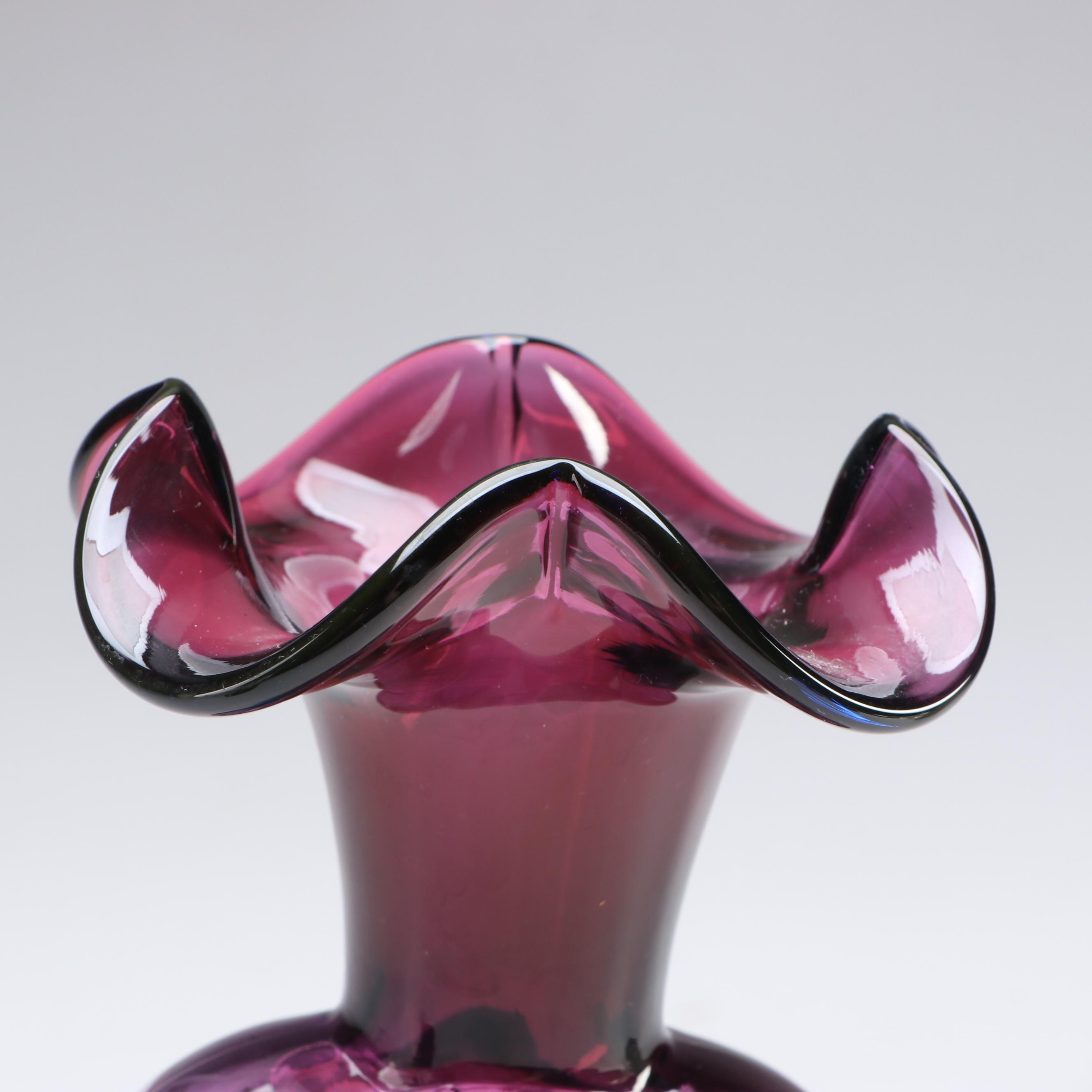 Fenton Hand-Painted and Other "Mulberry" Ruffle Edge Glass Vases