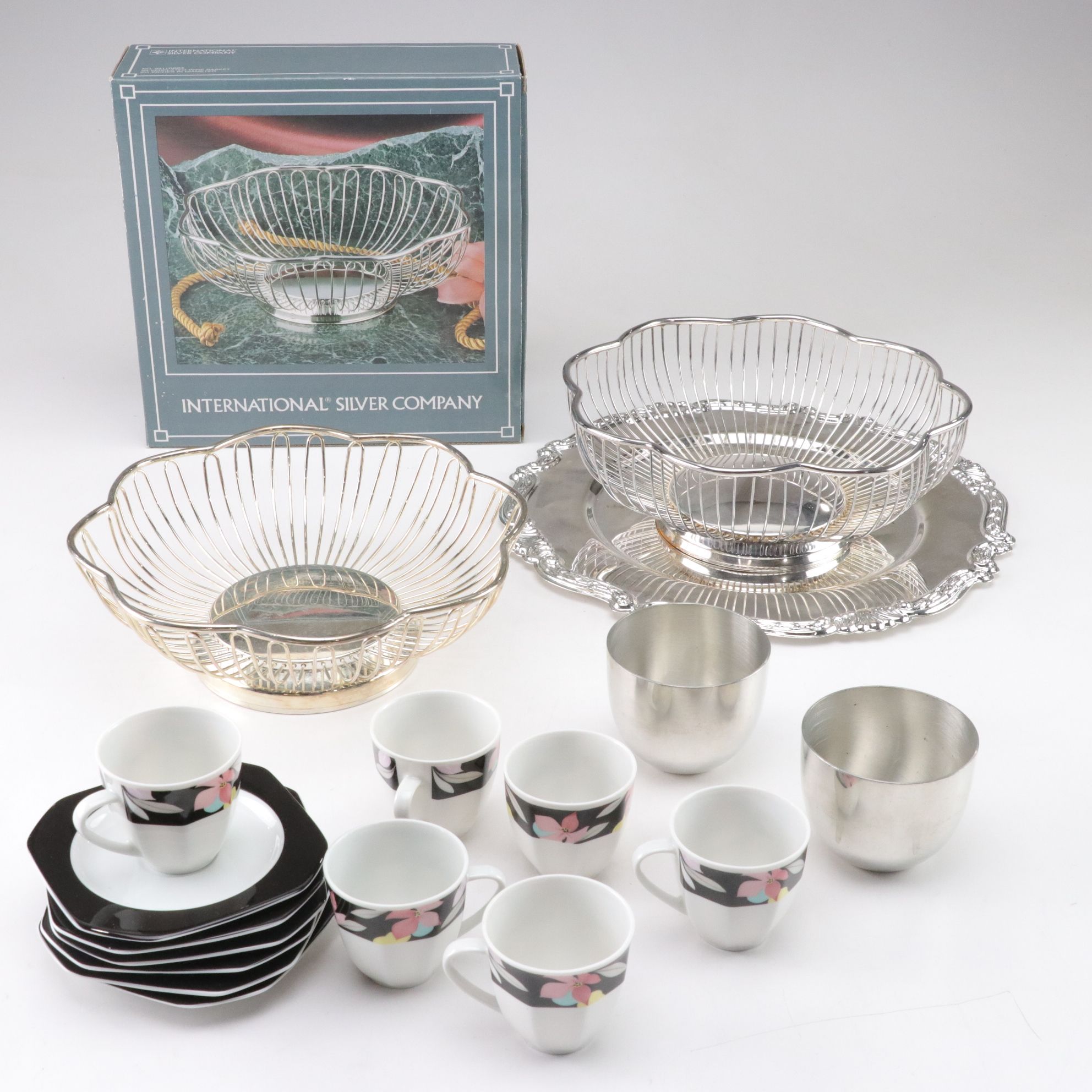 Two Steiff Pewter "Jefferson Cups" with Demitasse Cups and Bread Baskets