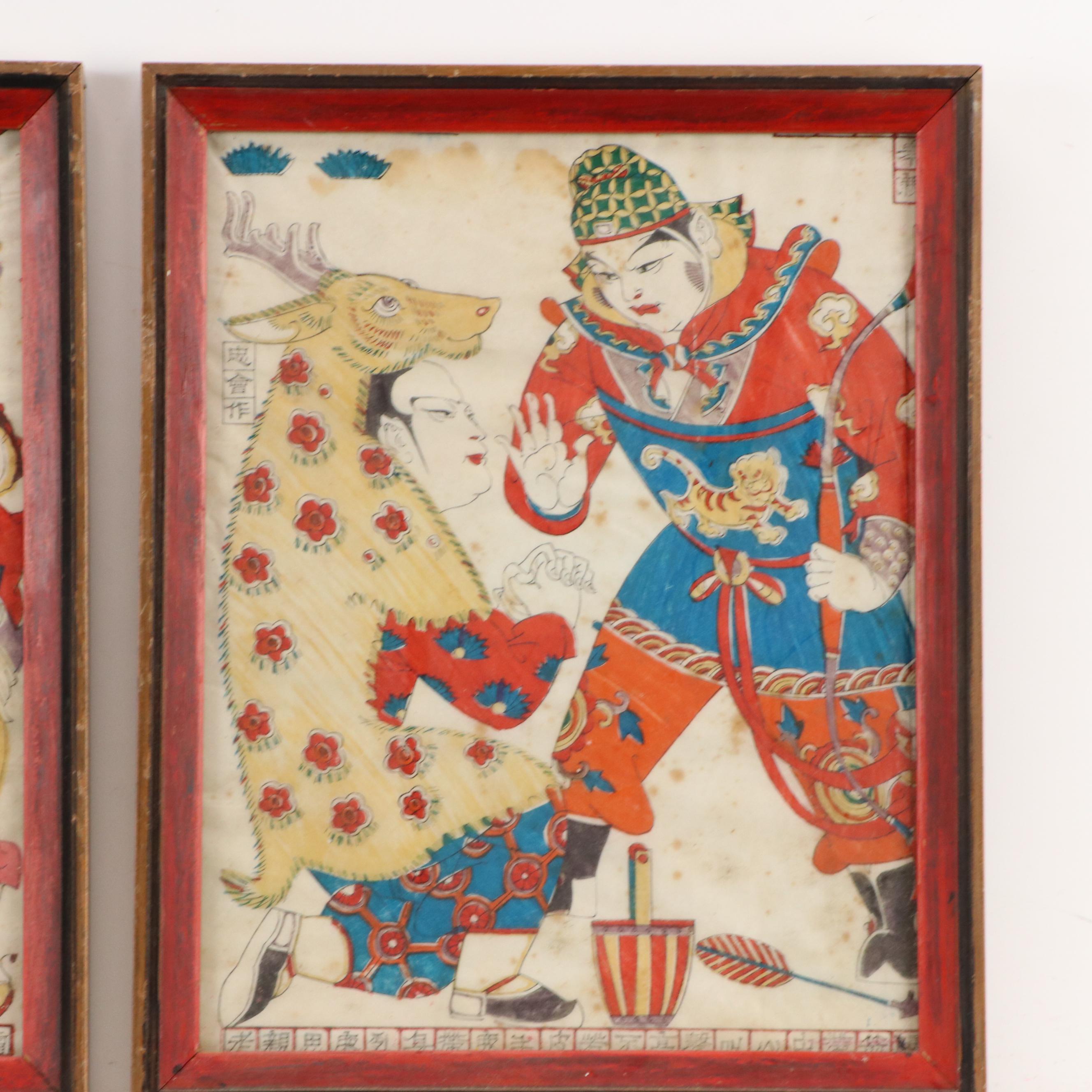Pair of Chinese Hand-Colored Woodblocks with Figural Scenes