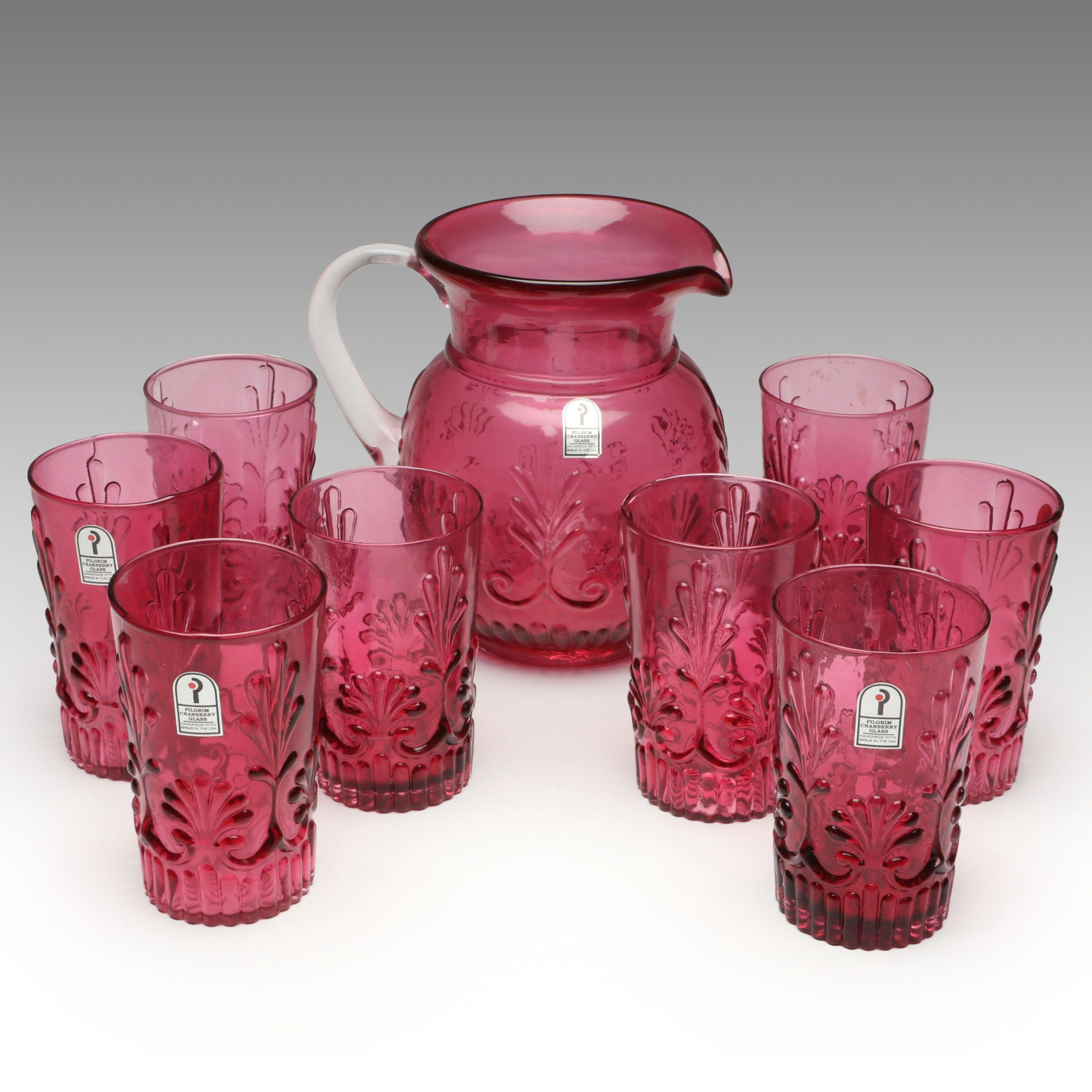 Pilgrim Cranberry Glass Pitcher and Tumblers, Mid to Late 20th Century