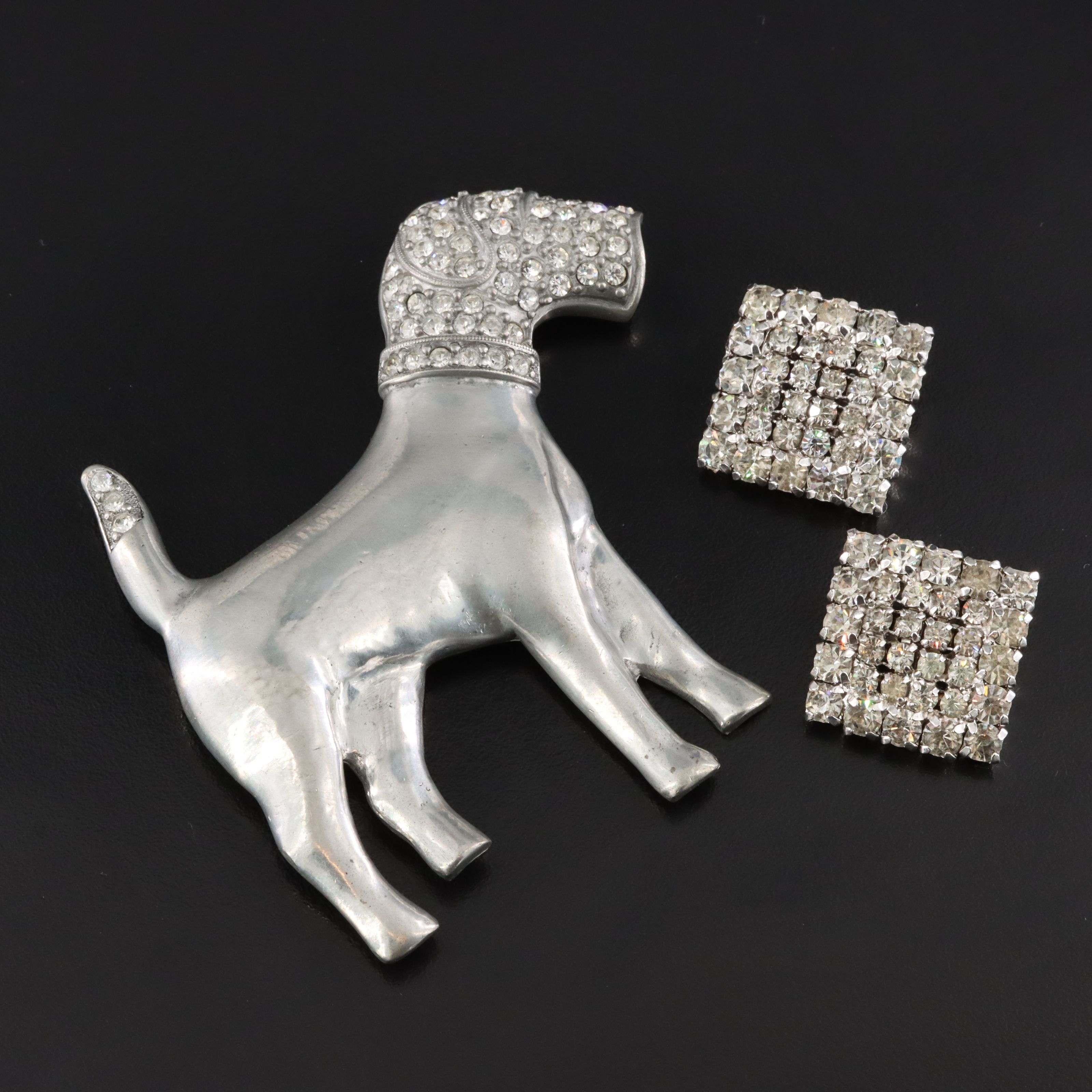1940s Weiss Terrier Brooch and Rhinestone Earrings
