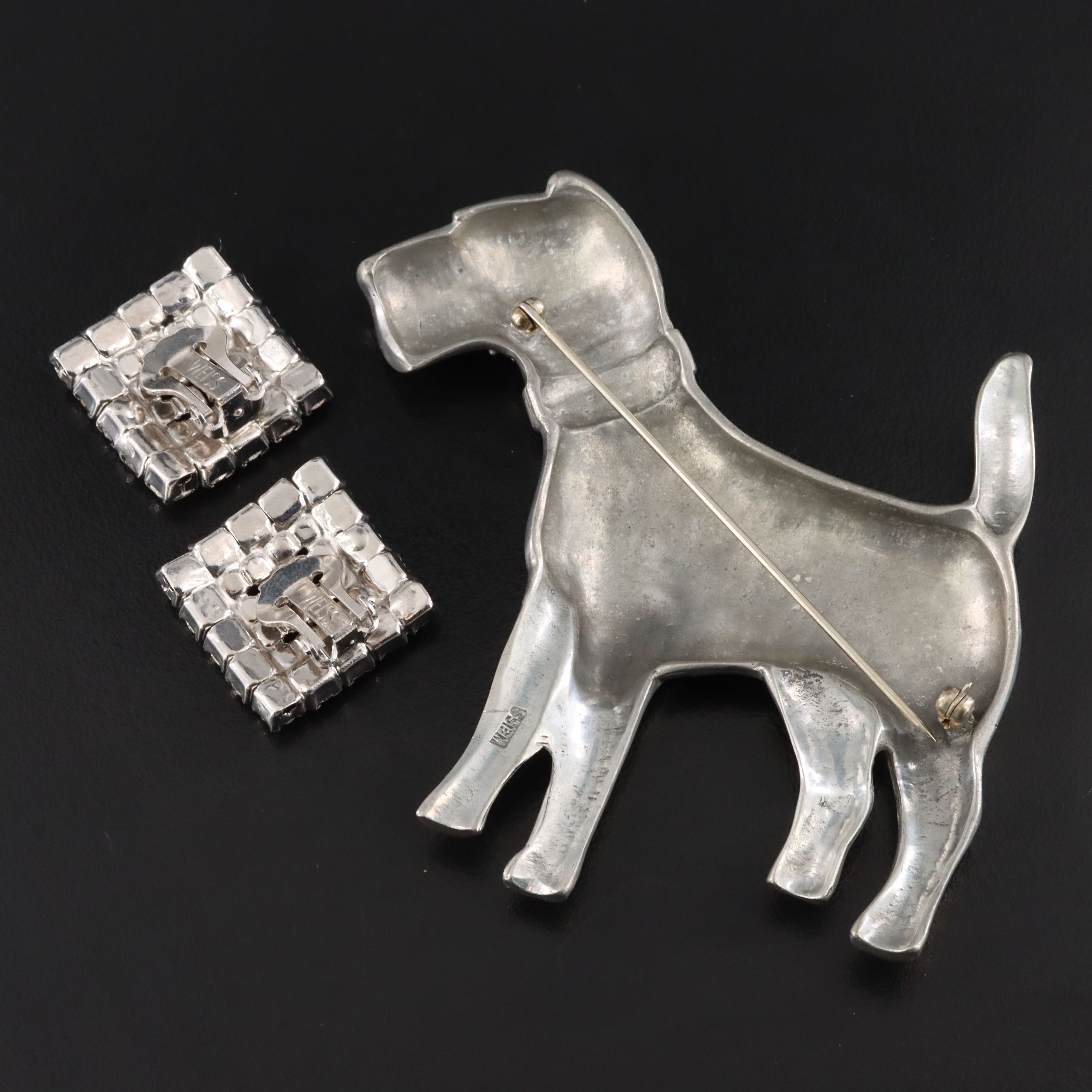 1940s Weiss Terrier Brooch and Rhinestone Earrings
