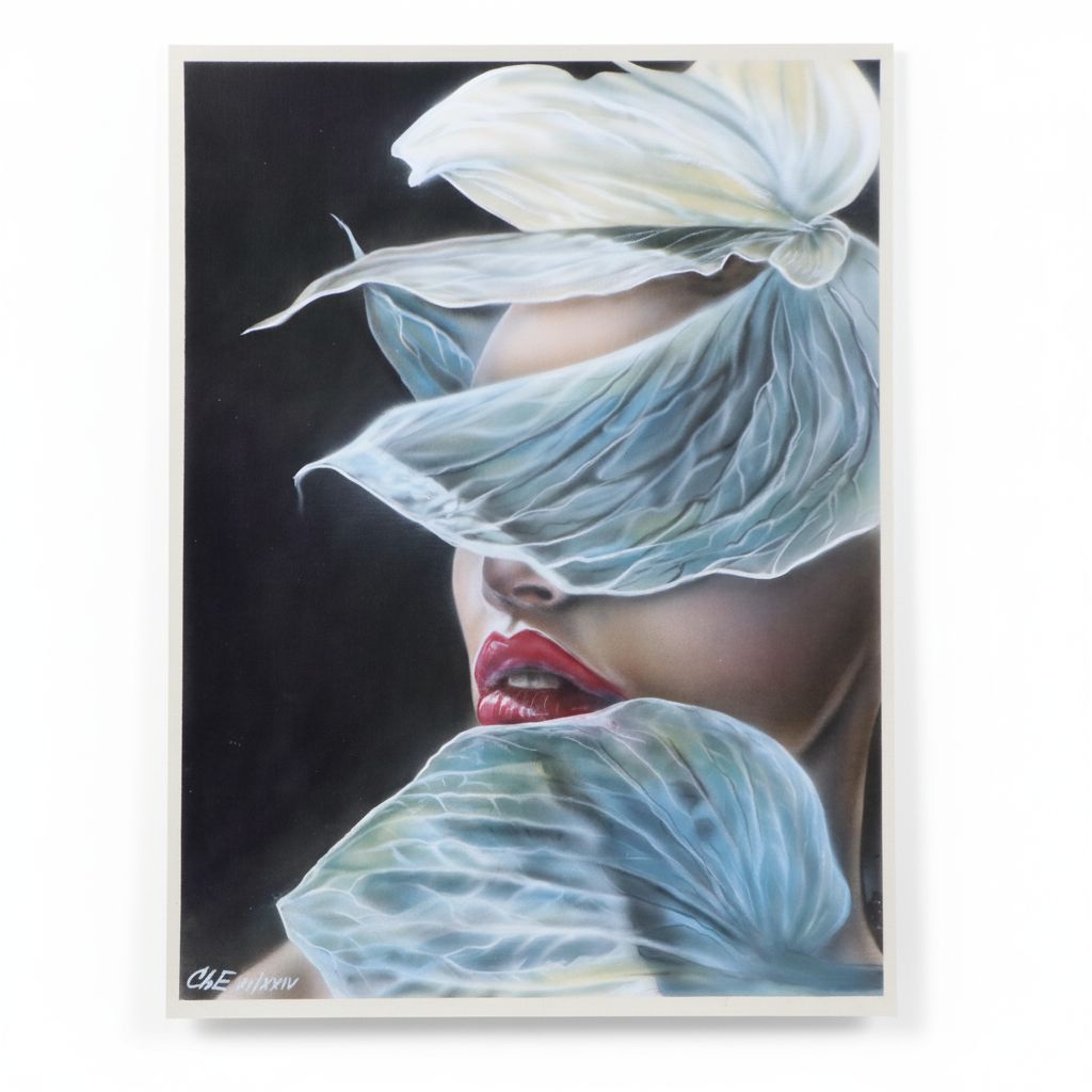 Ethereal Mixed Media Portrait Painting of Woman and Plant, 2024