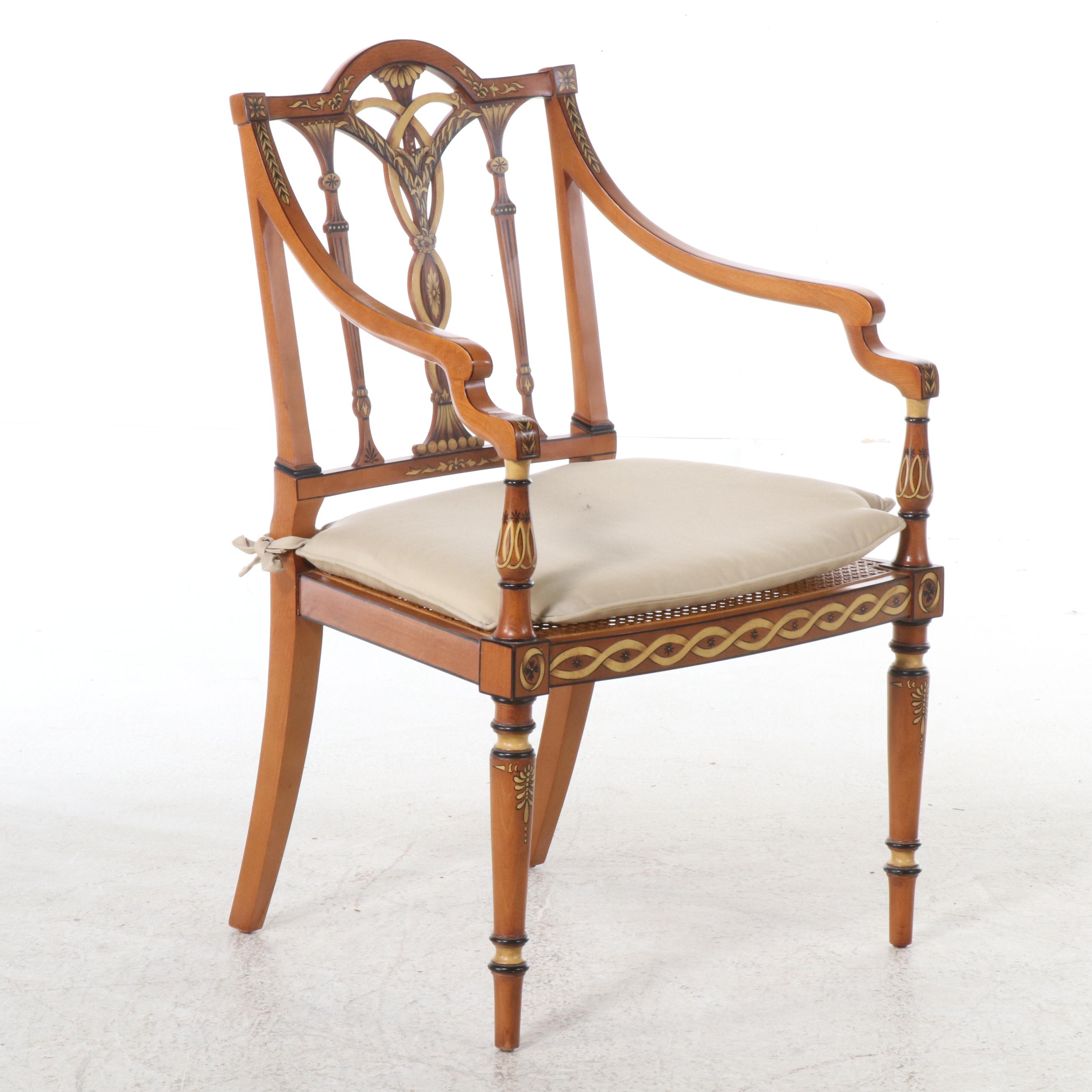 Italian Regency Style Paint-Decorated Armchair with Caned Seat
