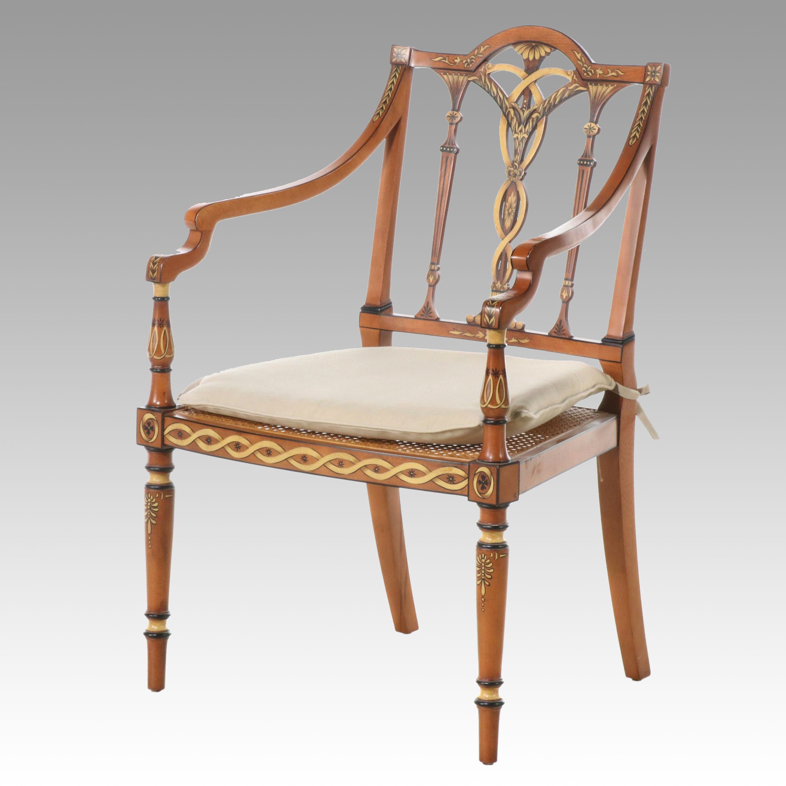 Italian Regency Style Paint-Decorated Armchair with Caned Seat