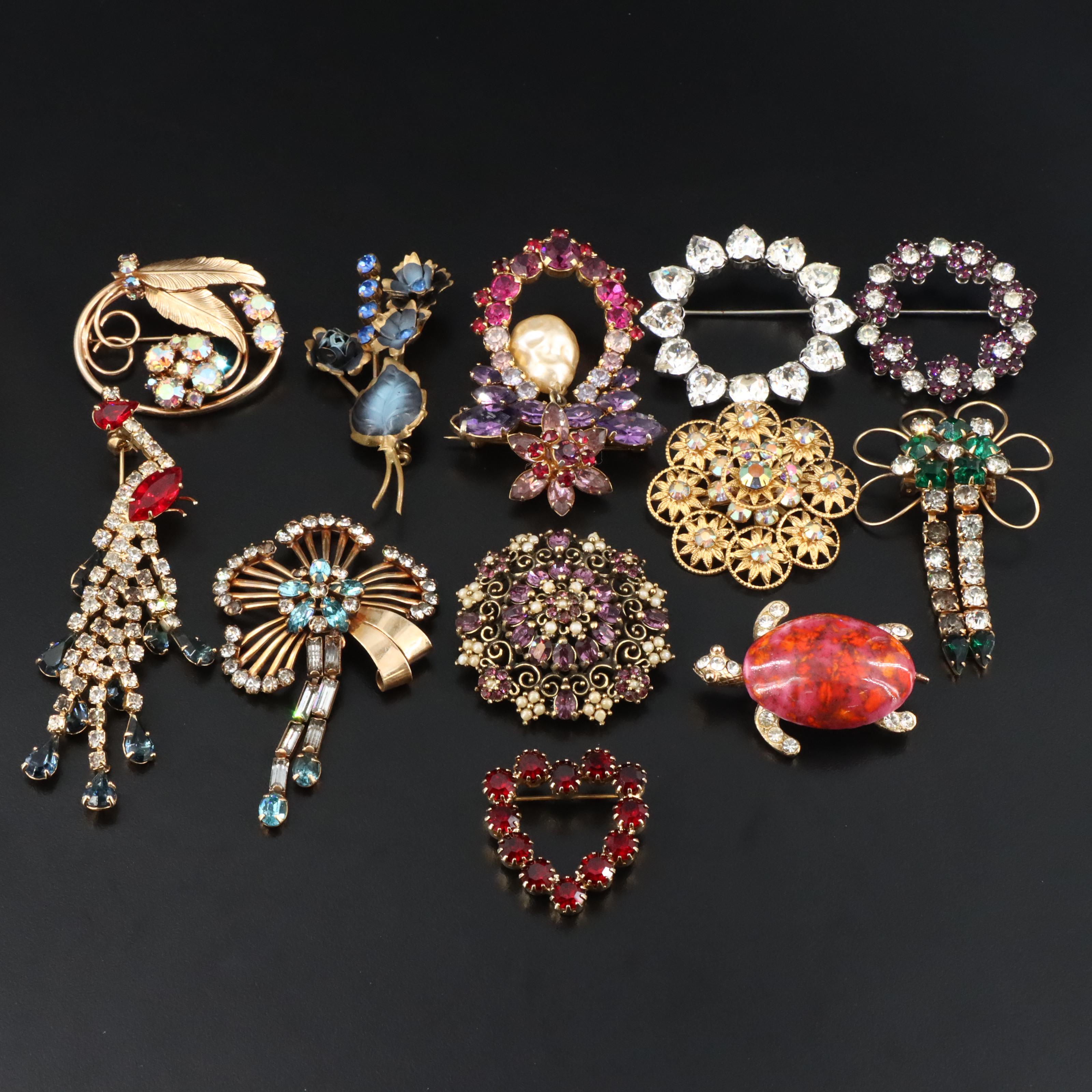 Vintage Rhinestone Brooch Collection Featuring M&S Austria, Weiss and Peacock