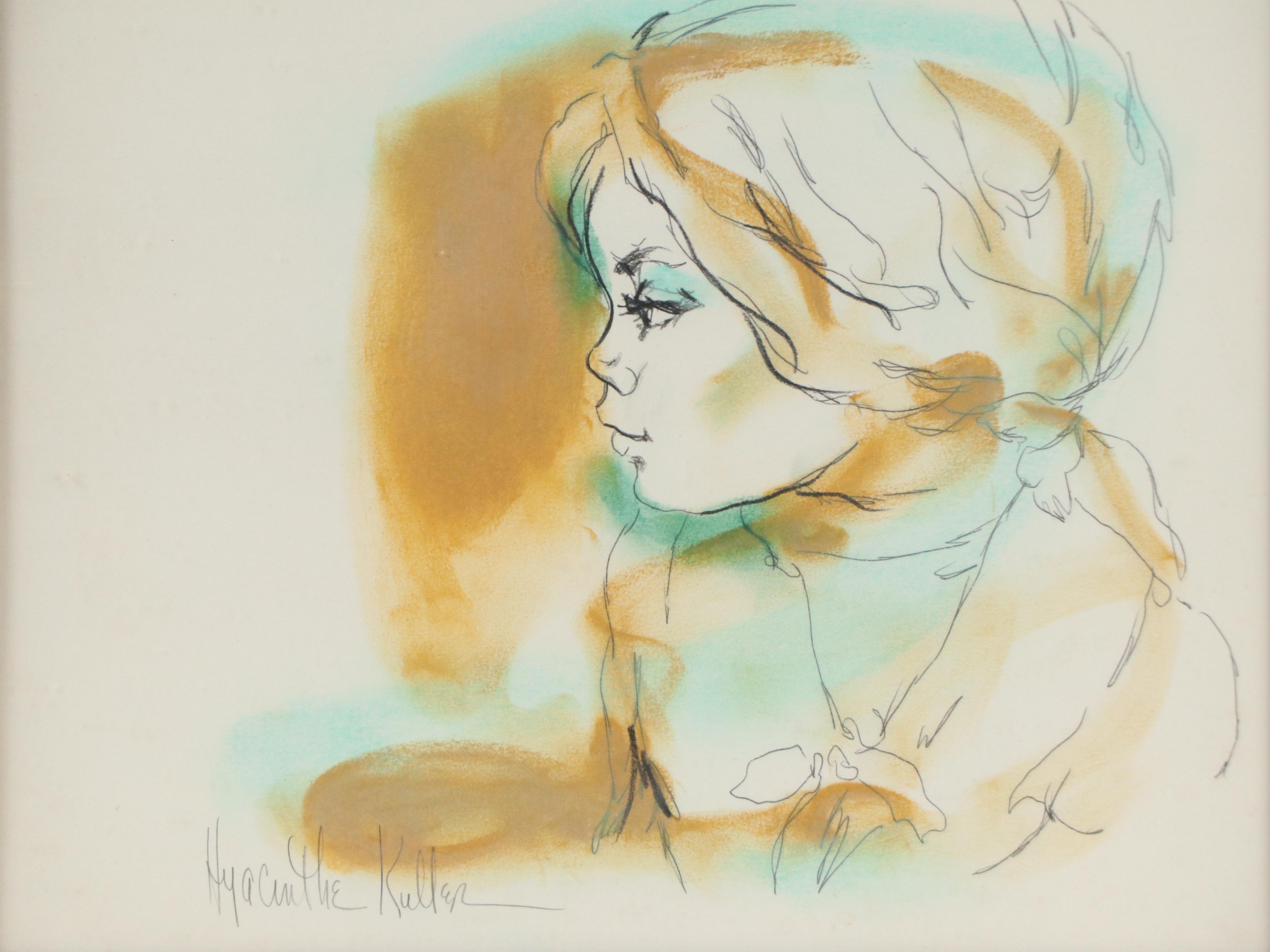 Hyacinthe Kuller Baron Hand-Colored Lithograph of Girl in Profile