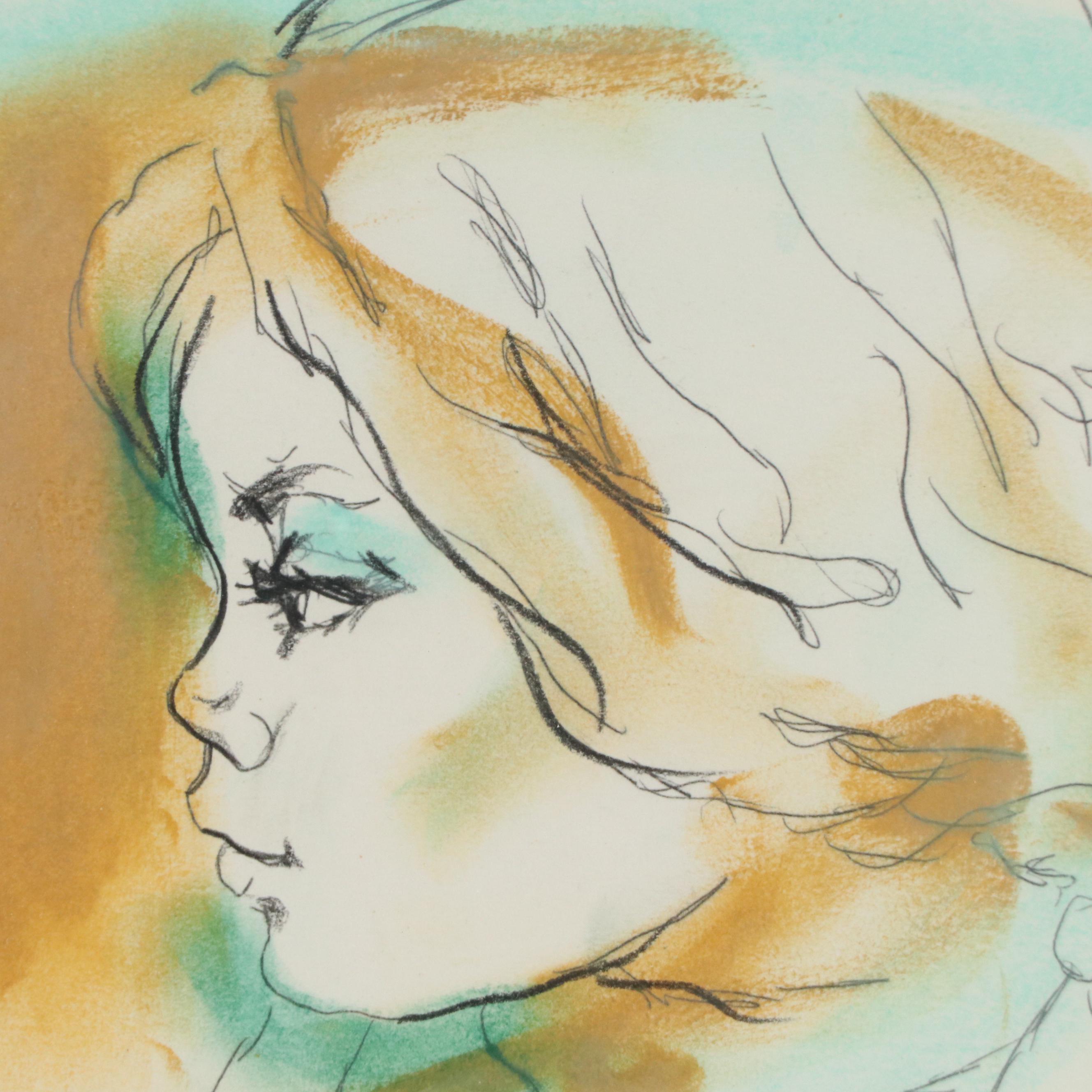 Hyacinthe Kuller Baron Hand-Colored Lithograph of Girl in Profile