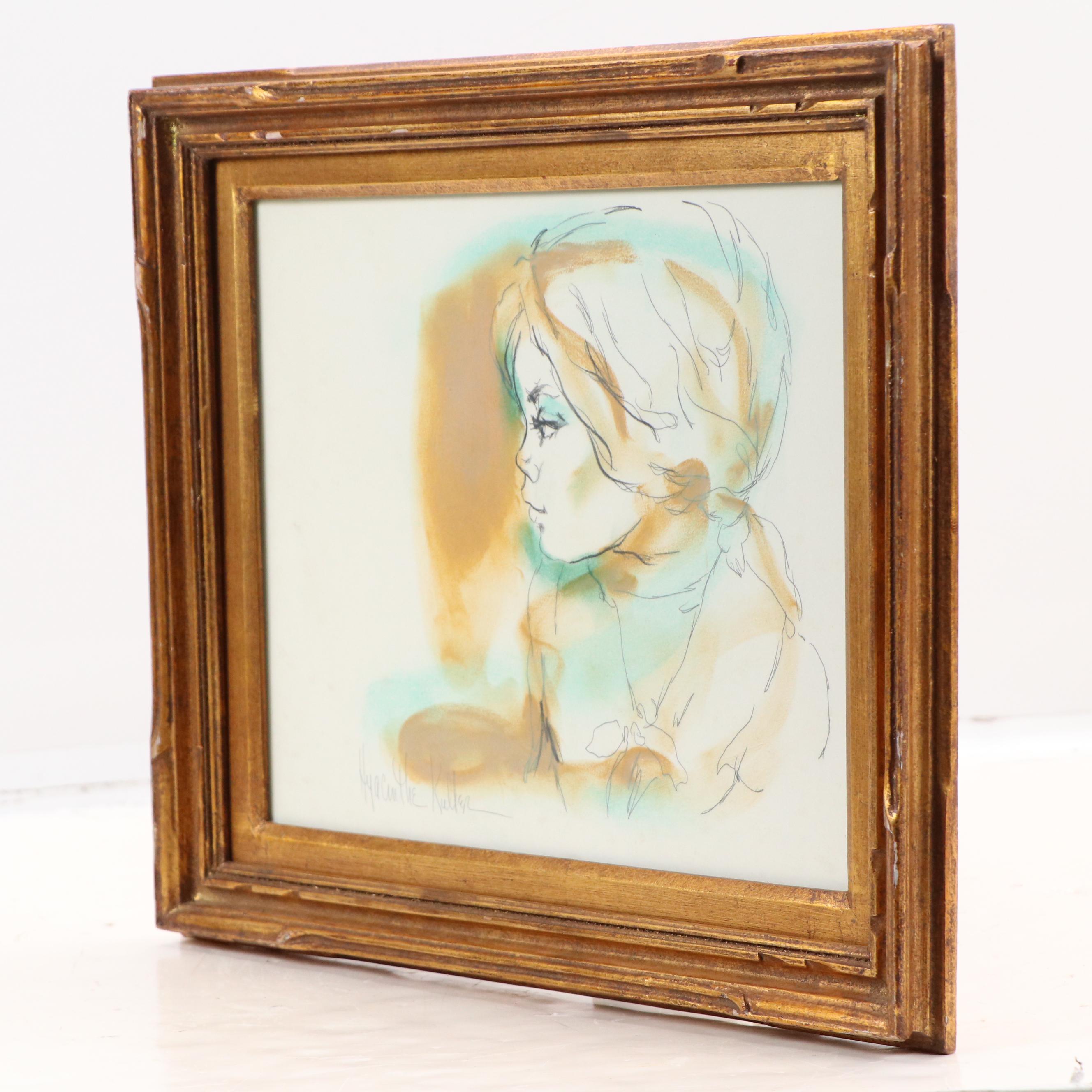 Hyacinthe Kuller Baron Hand-Colored Lithograph of Girl in Profile