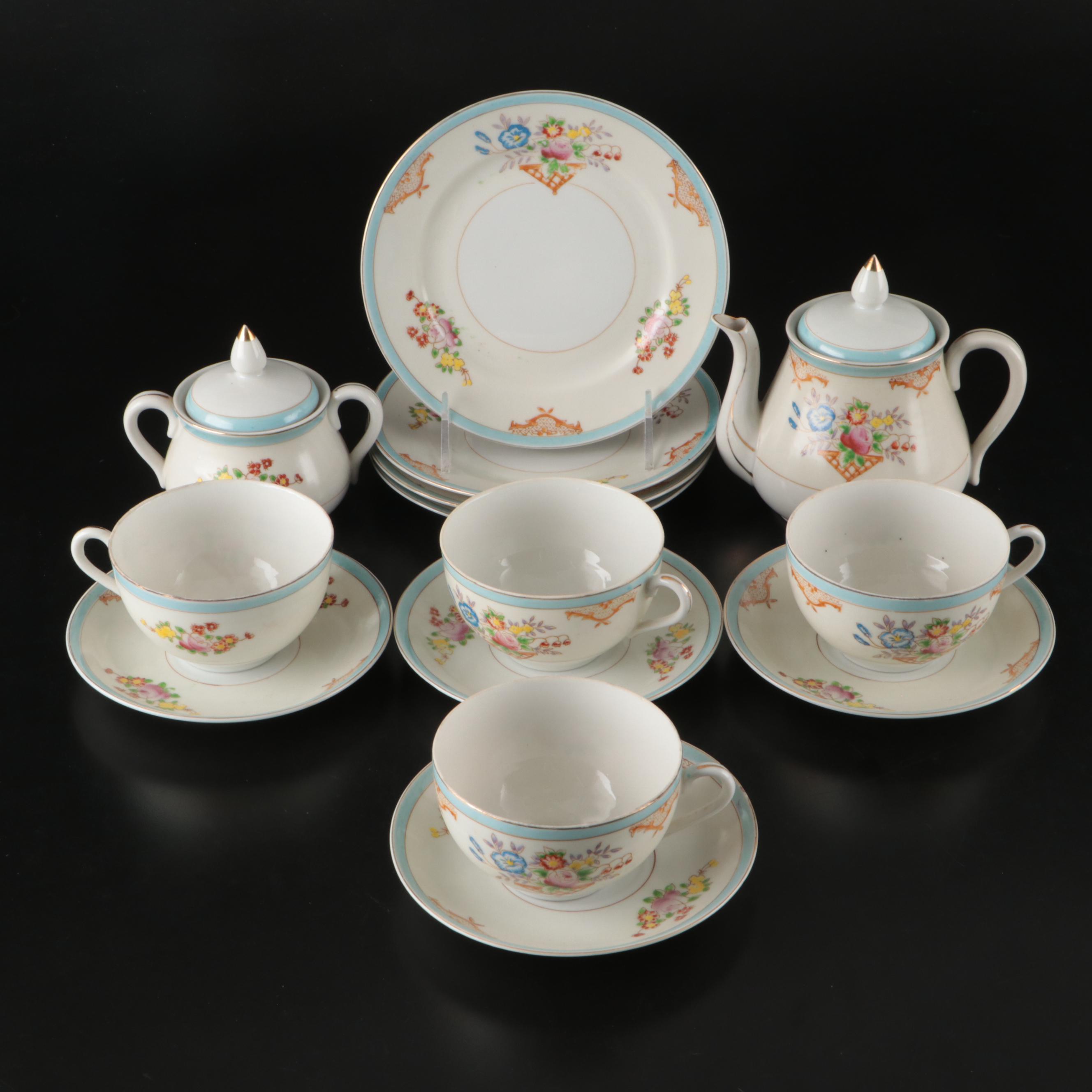 Japanese Hand-Painted Floral Porcelain Tea Set with Dessert Plates