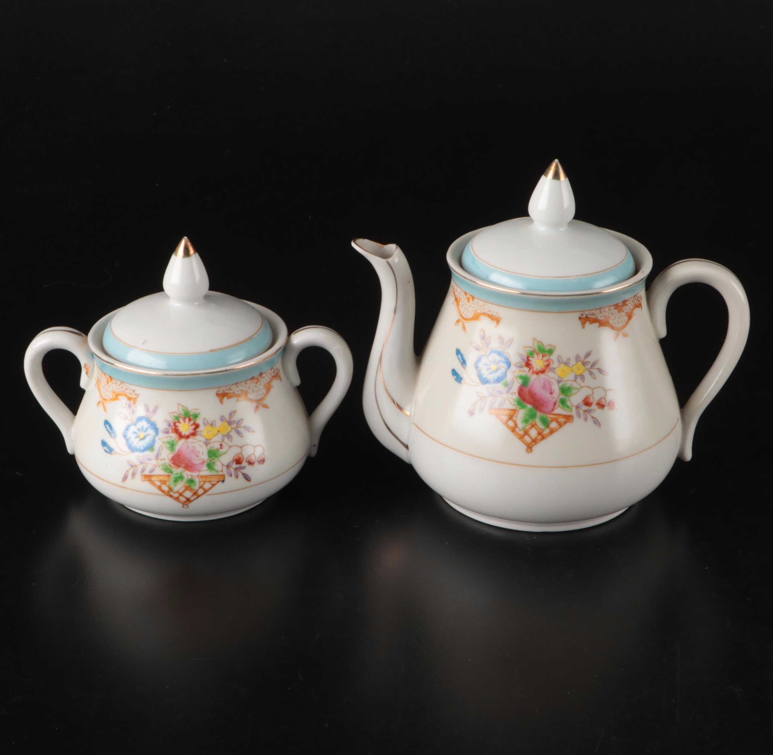 Japanese Hand-Painted Floral Porcelain Tea Set with Dessert Plates