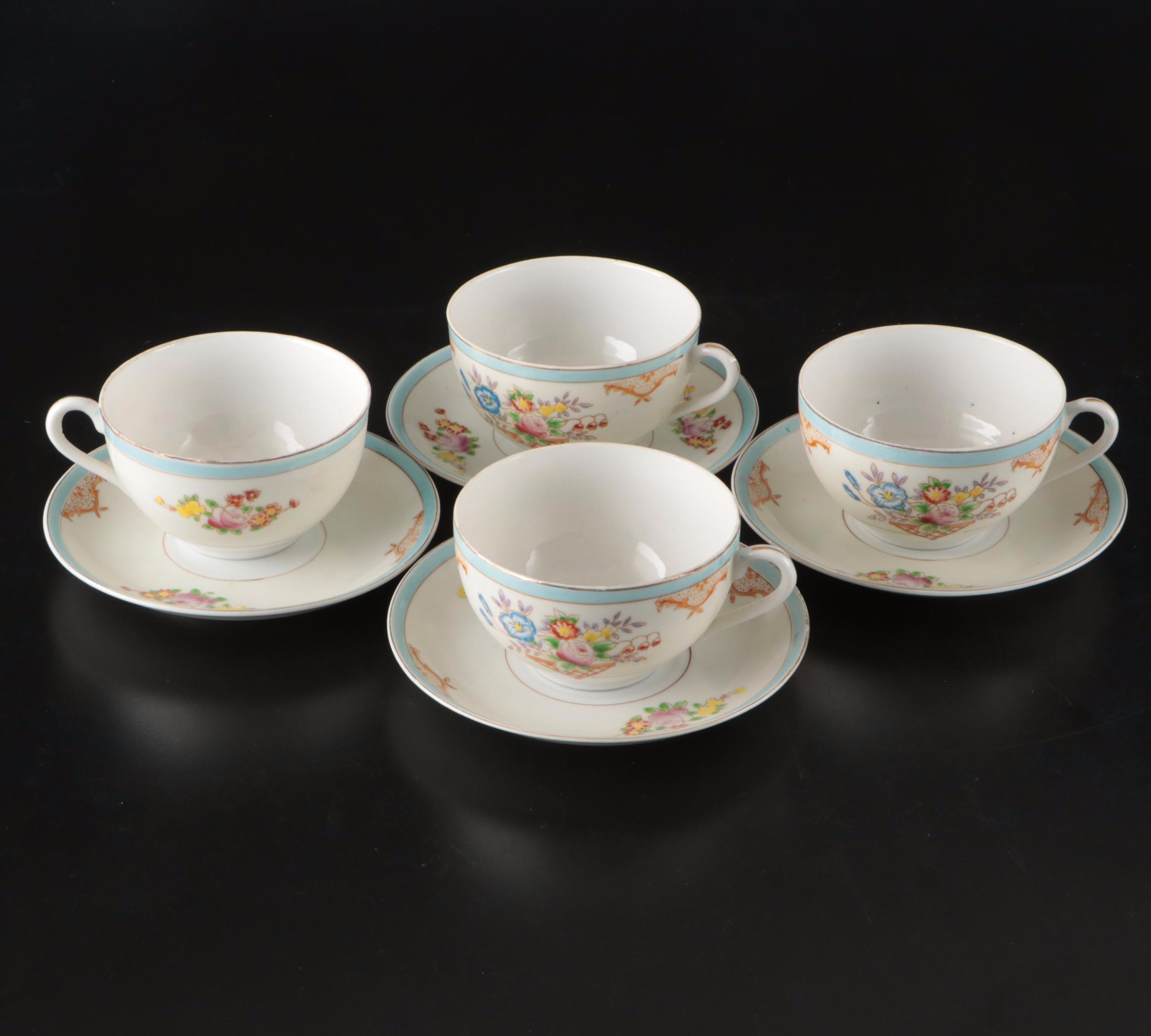 Japanese Hand-Painted Floral Porcelain Tea Set with Dessert Plates
