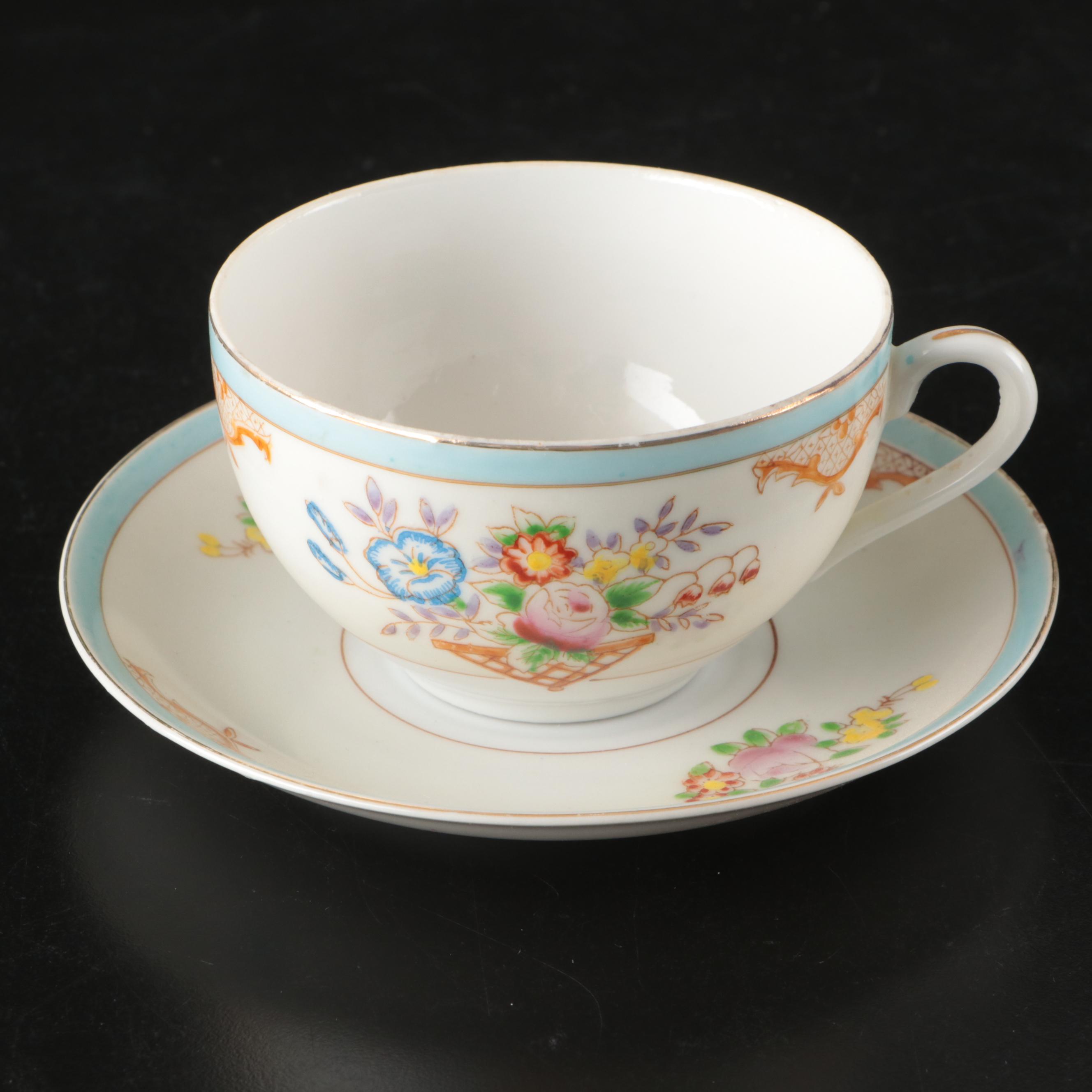 Japanese Hand-Painted Floral Porcelain Tea Set with Dessert Plates