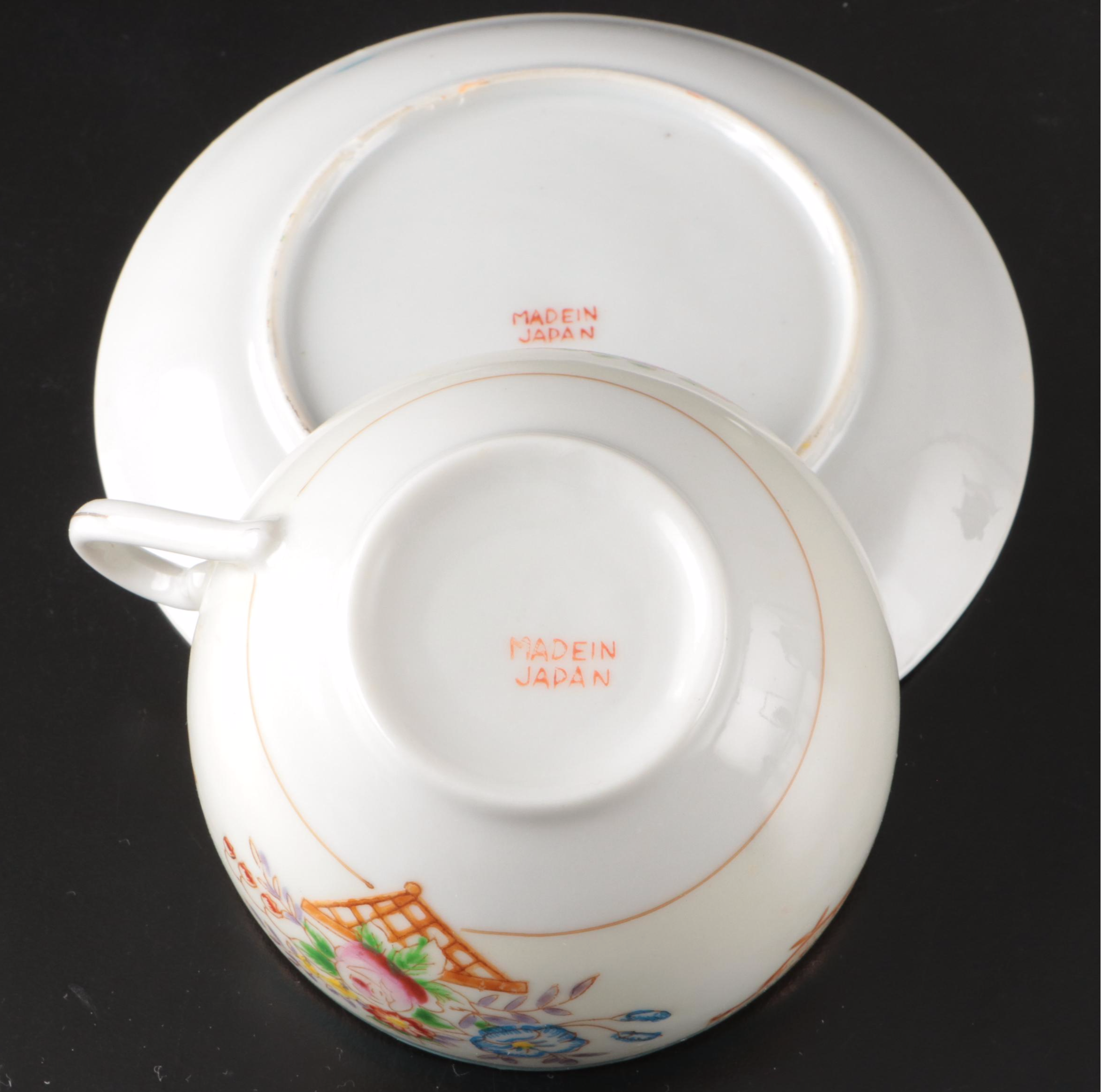 Japanese Hand-Painted Floral Porcelain Tea Set with Dessert Plates