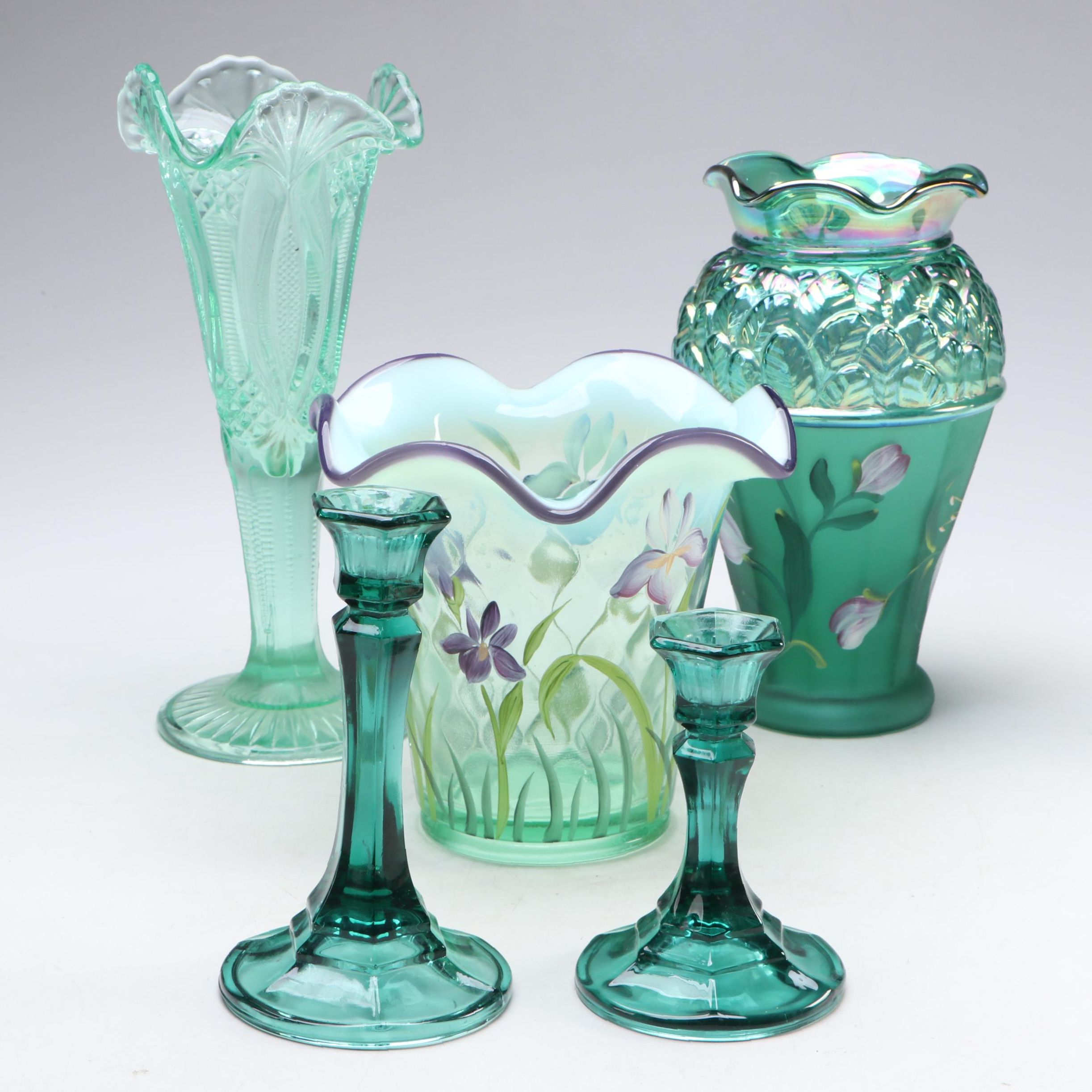 Fenton Hand-Painted Carnival Glass with Other Ruffle Edge Vases and Candlesticks