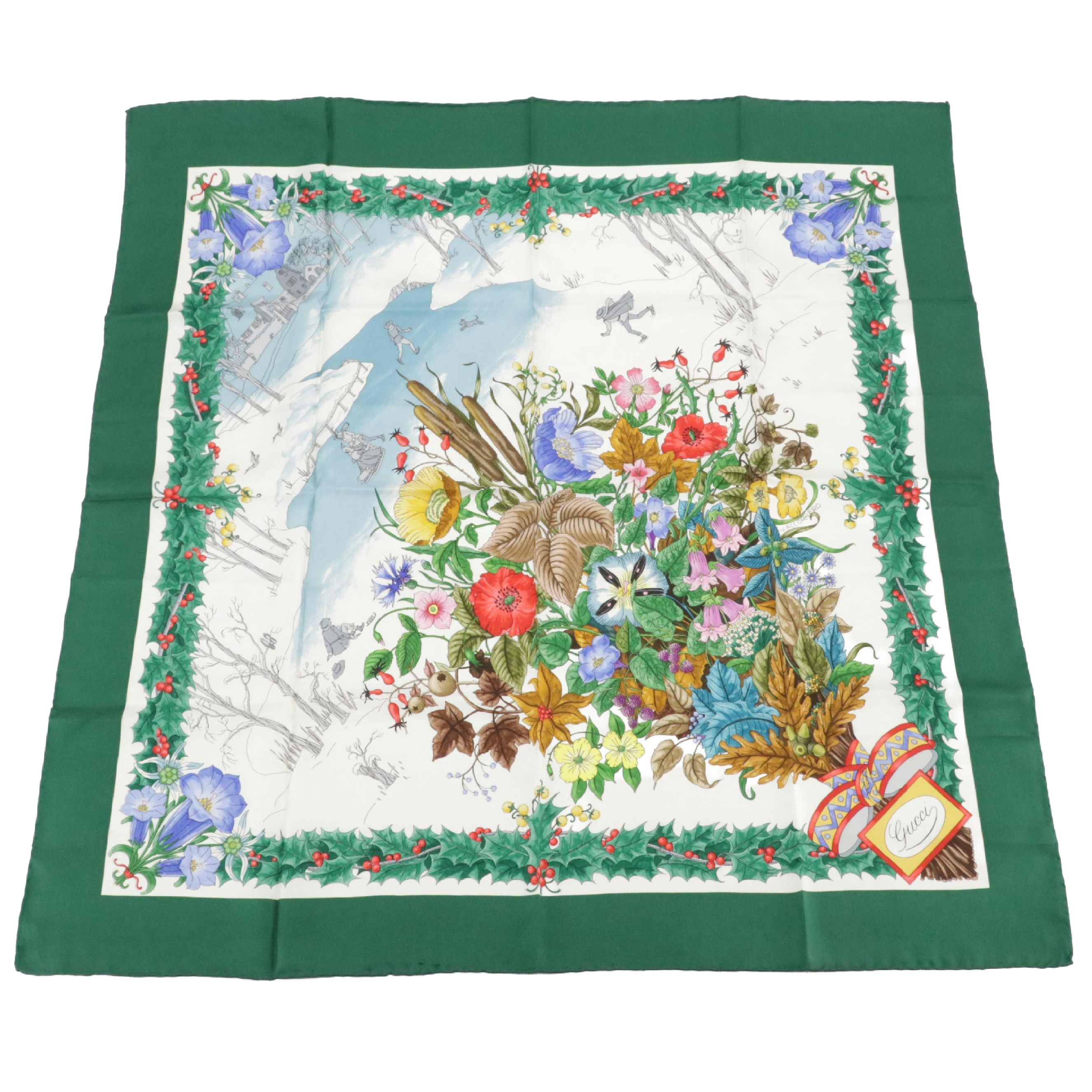 Gucci Flora, Holly, and Winter Theme Print Silk Twill Scarf